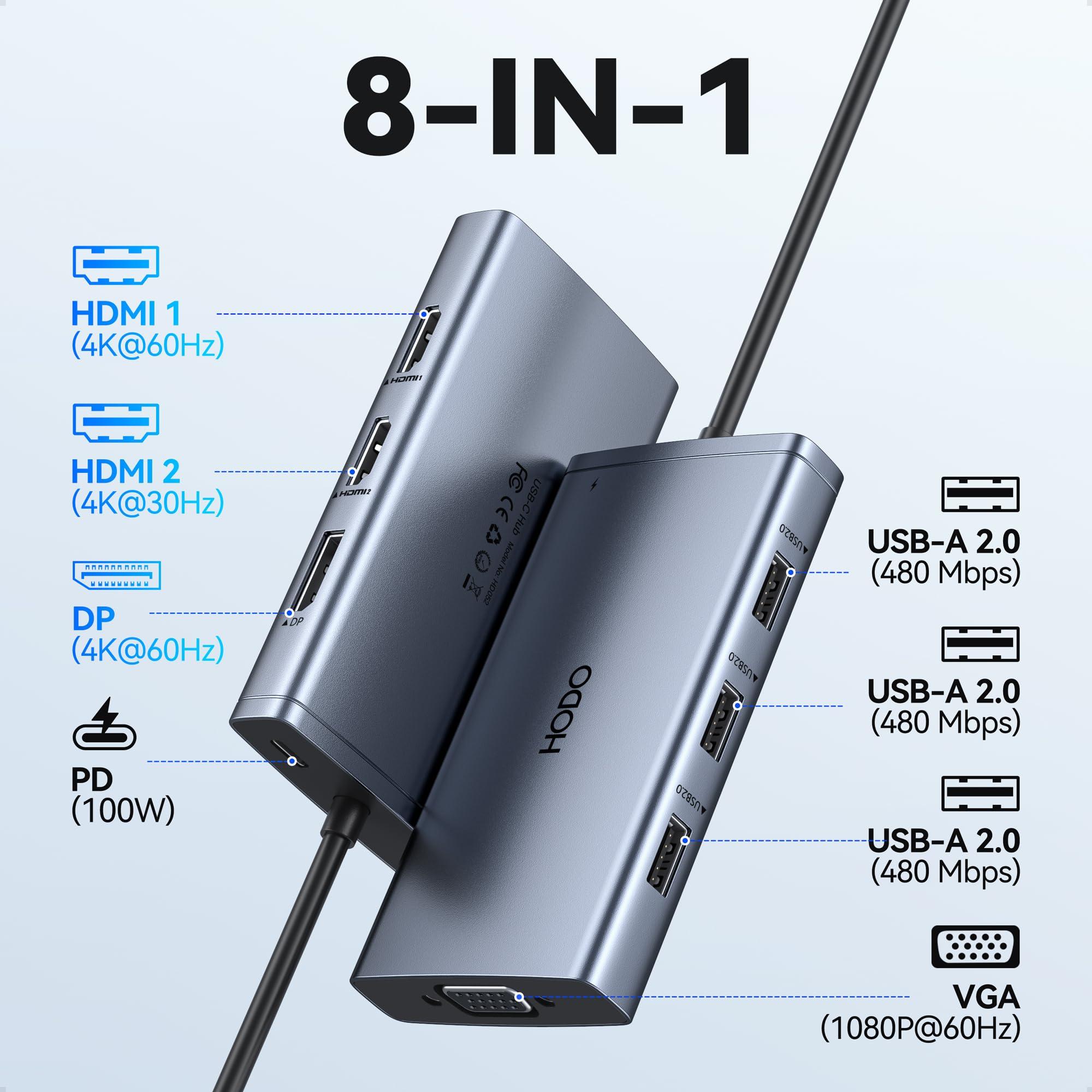 USB C Docking Station Dual Monitor Adapter for Dell HP, Laptop Docking Station 3 Monitors Quad Display USB C Hub Dongle to 4K HDMI+DP+VGA,3 USB2.0,100W PD,8 in 1 Thunderbolt Dock for Lenovo,Surface - Image 2