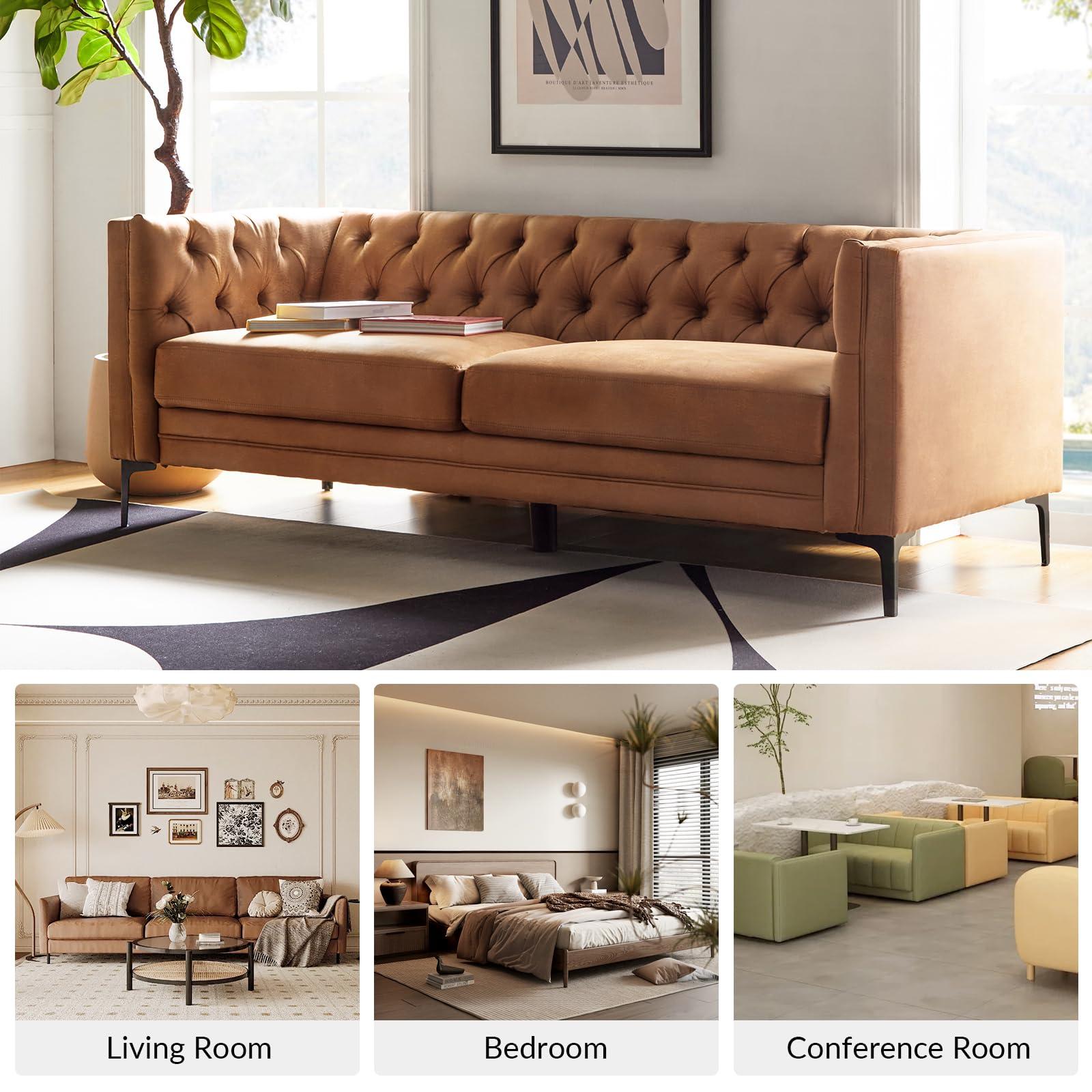 HULALA HOME 84" W Faux Leather Sofa Couch with Metal Legs, Button-Tufted 3-Seater Sofa, Mid Century Modern Upholstered Couch for Living Room, Entertainment Area, Apartment,Camel - Image 6