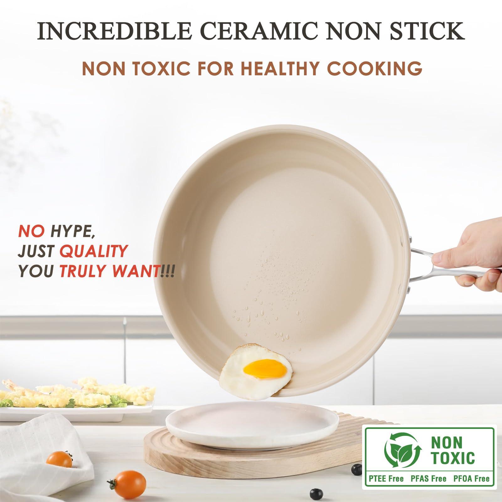 Kikcoin Ceramic Nonstick Frying Pans Set, Healthy Non Toix Pans for Cooking, 8" 9.5" 11" Ceramic Frying Pans and Skillet with Stay Cool Handle, Dishwasher/Oven Safe, PFAS & PTFE & PFOA Free - Image 4