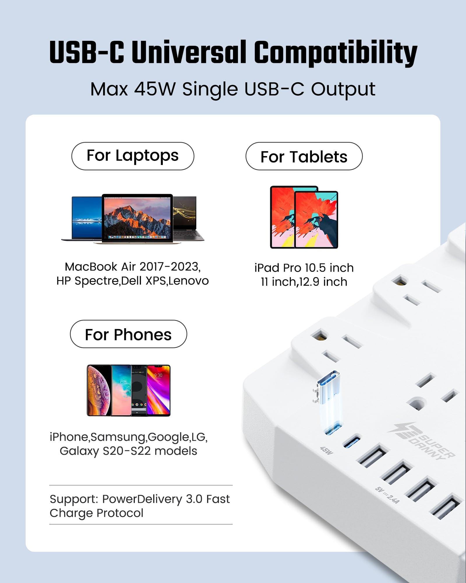 45W Power Strip Surge Protector with PD USB-C, SUPERDANNY 1875W/15A, 2100J, 6.5ft Flat Plug Mountable Extension Cord with 22 Outlet+6 USB Port, Fast Charging for Home,Office,Dorm,Gaming,PC,Streaming - Image 7
