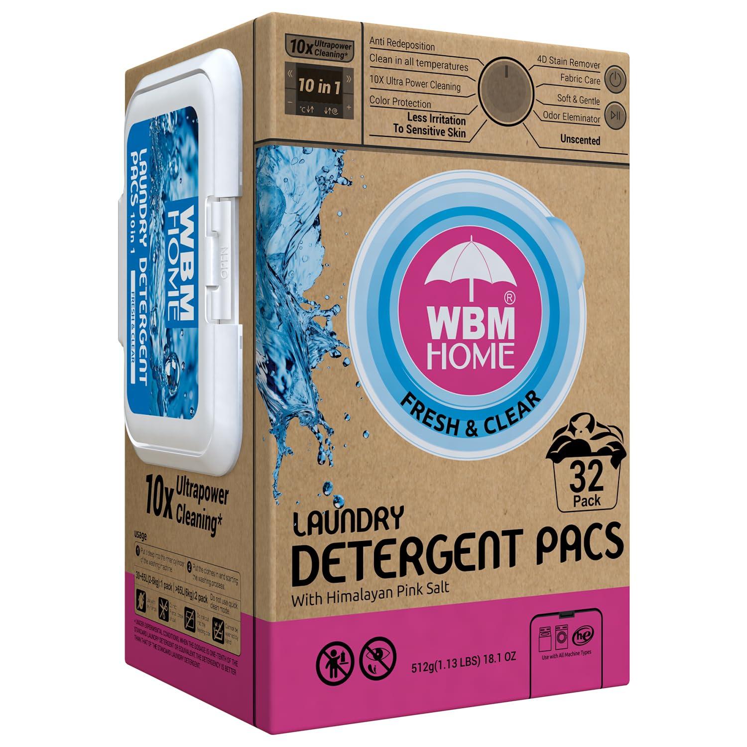 WBM Home Laundry Detergent Pods, 32 Count | Fresh & Clear Unscented | Laundry Pods 10x Ultrapower Cleaning With Color Protection and Eco-Friendly Packaging