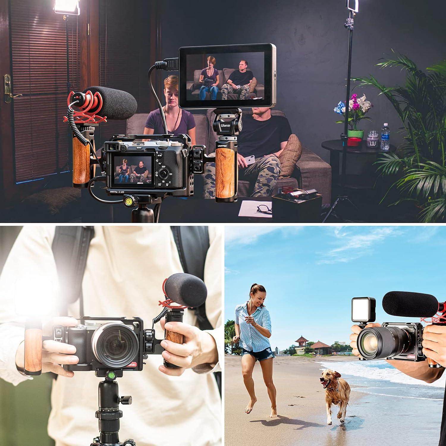R075 Wooden Handle Grip Left Right Compatible for Sony A6400 A6600 A7III A7IV Nikon Canon Panasonic Camera Cage, for iPhone/Smartphone Video Rig Video-graphy Accessories Mobile Filming 1/4" Bracket - Image 2