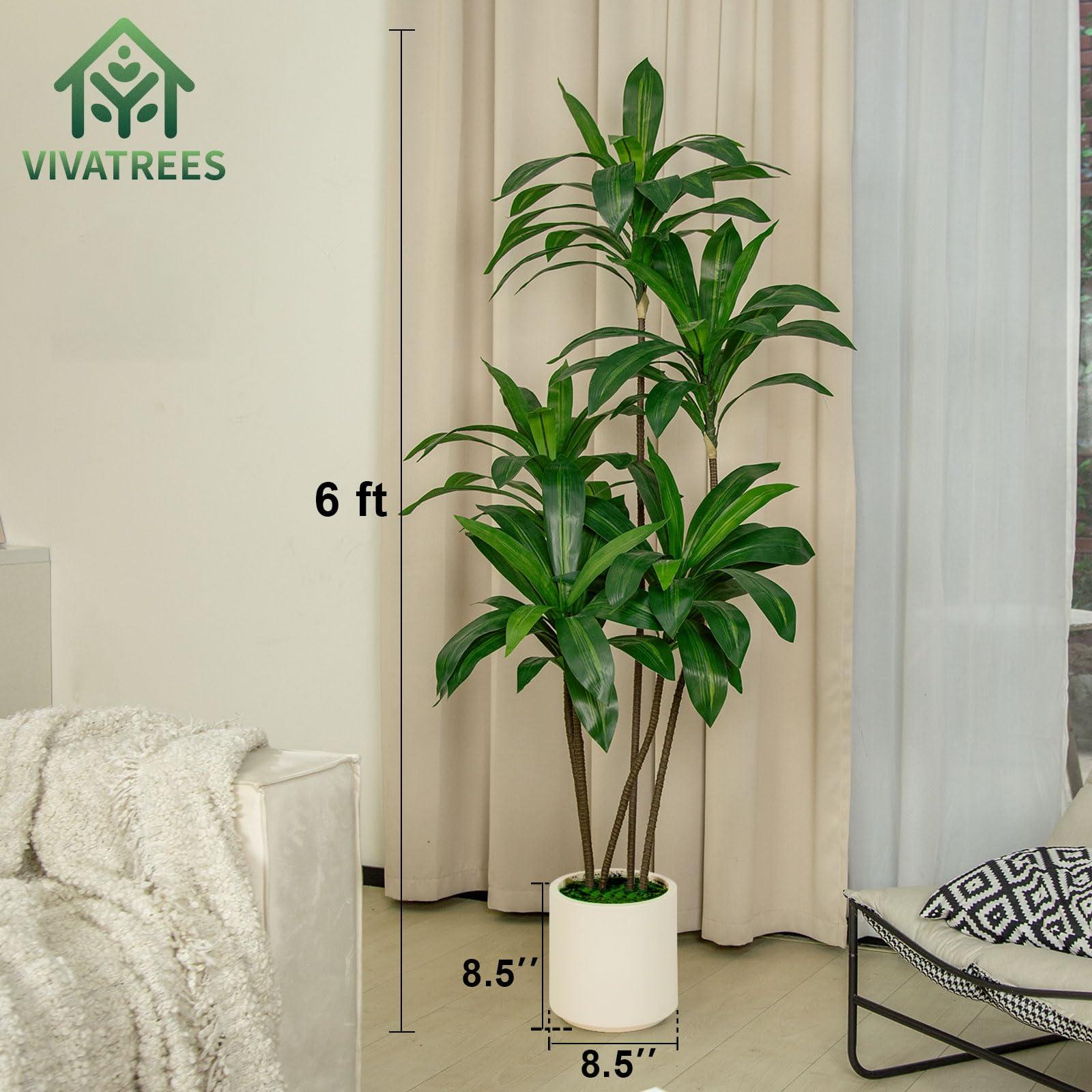 VIVATREES 6FT Tall Faux Dracaena Tree with White Tall Planter, Artificial Plants with Natural Wood Trunk and Lifelike Leaves for Home Office Decor, Green - Image 3
