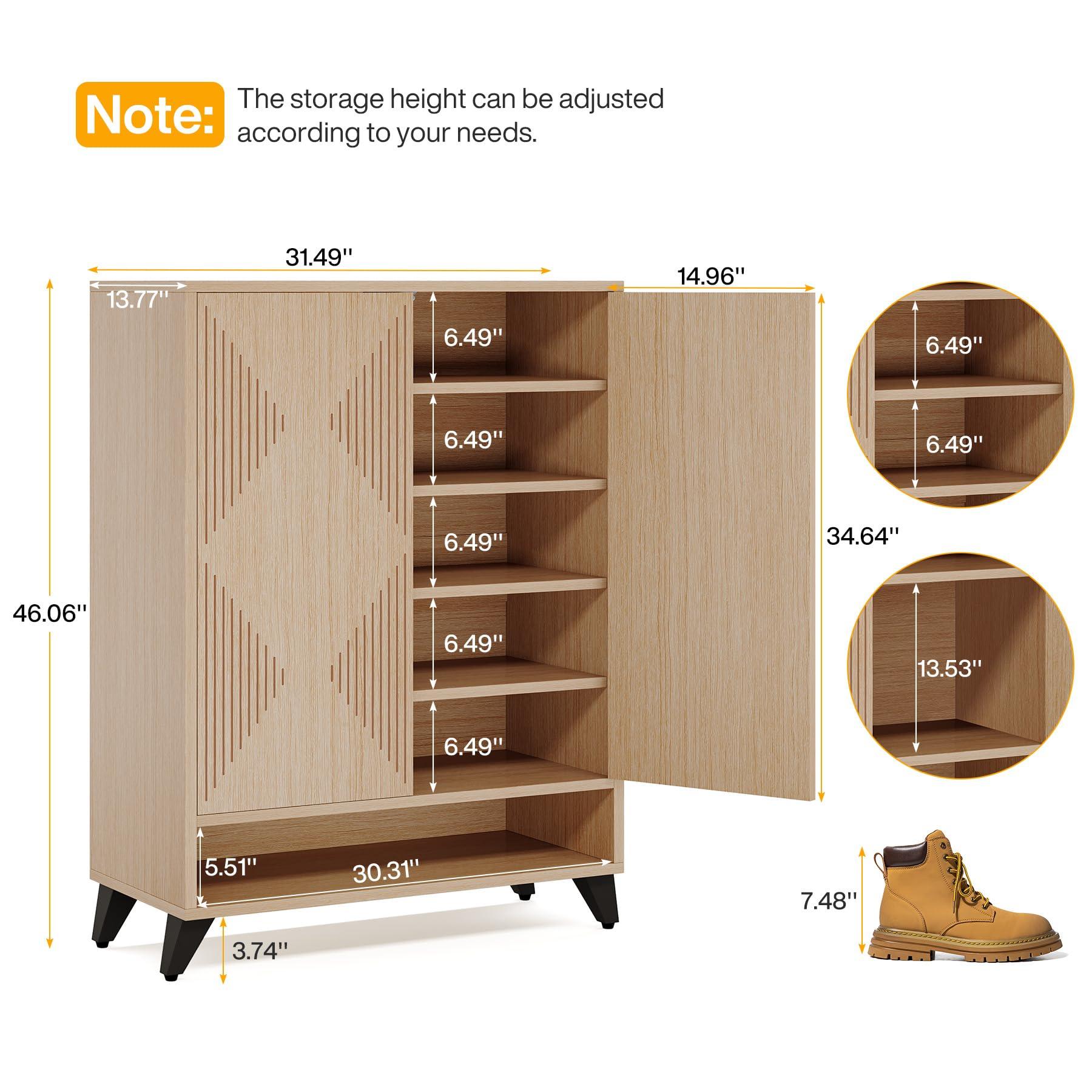 Tribesigns Shoe Cabinet with Doors, 6-Tier Entryway Shoe Storage Cabinet with Adjustable Shelves, Modern Wooden Shoe Organizer Cabinet for Living Room, Bedroom, Natural - Image 2
