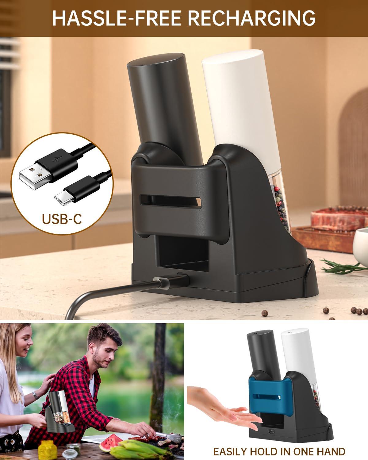 CIRCLE JOY Electric Salt and Pepper Grinder Set Automatic Salt and Pepper Grinder Set with Charging Base and White LED Light, Adjustable Coarseness, USB Rechargeable, Washable Container, White & Black - Image 4