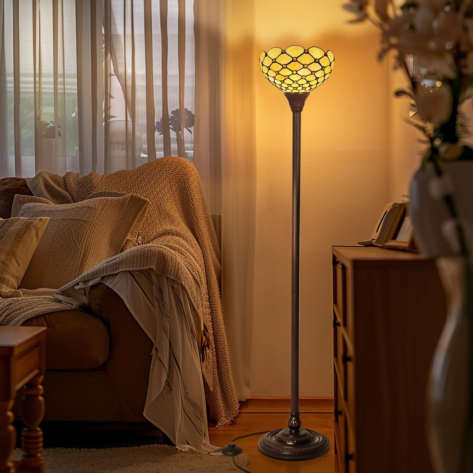 Capulina Tiffany Torchiere Floor Lamp 70 Inches Height Industrial Pole Vintage Amber Beads Style Standing Floor Light for Home Office Living Room Bedroom Farmhouse - Image 3