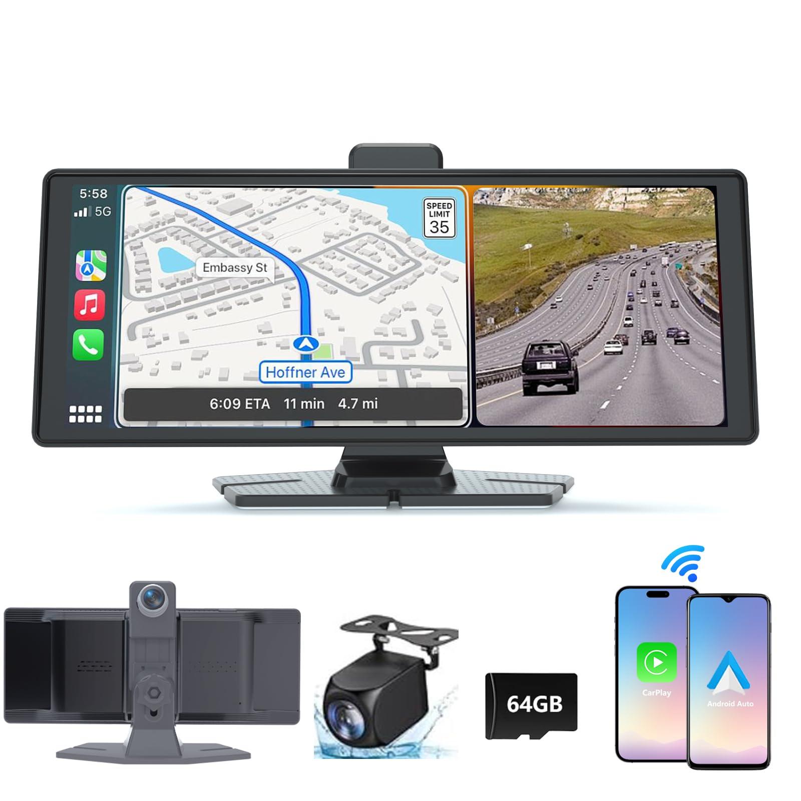 VNEIMQN 10.26" HD Carplay Screen for Car, Portable Wireless Apple Android Auto Car Play Stereo with Voice Control, 4K Dashcam, 1080P Backup Camera, Mirror Link, Bluetooth GPS