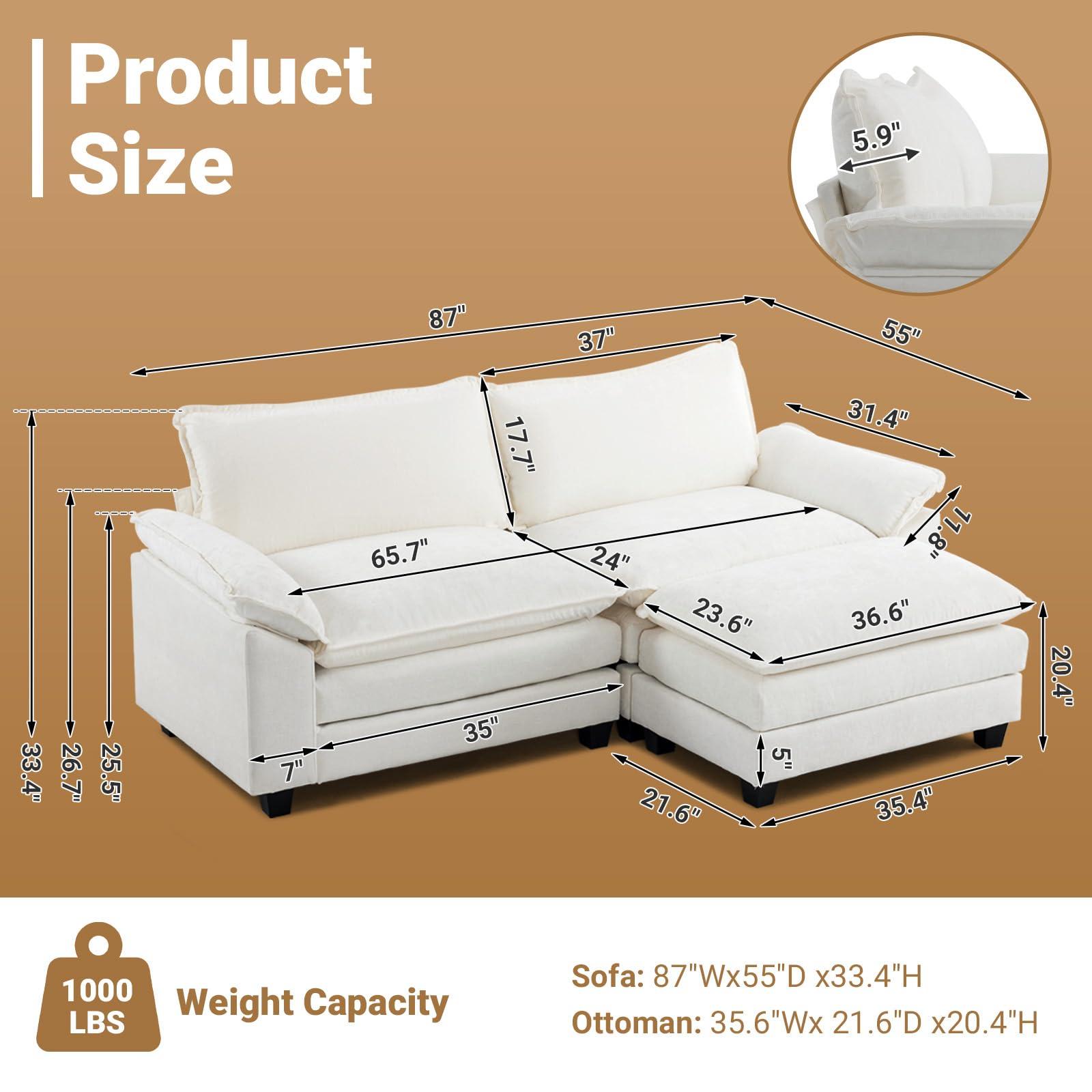 VINGLI 87" Convertible Sectional Sofa,L-Shaped Deep Seat Sofa Couch for Living Room,Modern 2-Seat Loveseat Sofa with Ottoman for Small Space(Creamy White, 87") - Image 2