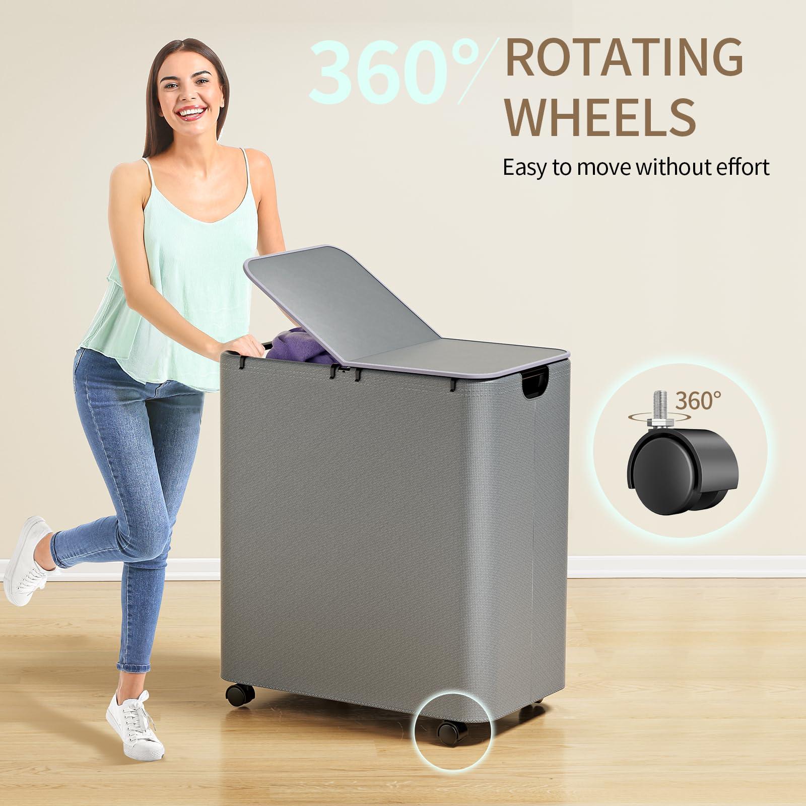 Yecaye 150L Laundry Hamper with Wheels, Rolling Laundry Basket with Lid and 2 Removable Laundry Bag, Large Capacity 2 Section Clothes Hampers for Laundry Room, Bedroom, Bathroom, Dorm, Grey - Image 5