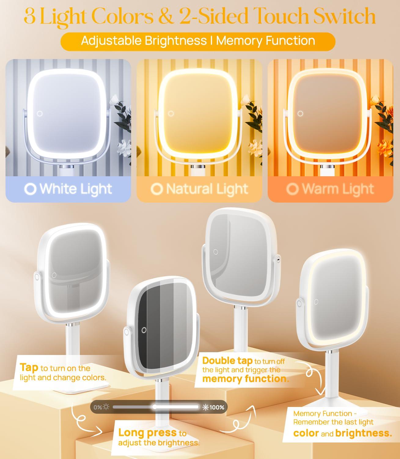 Gospire Rectangle Lighted Makeup Mirror with Magnification, 10X Magnifying Mirror with Lights 3 Color, Height Adjustable and 4000mAh Battery for Bedroom Bathroom, Large Surface for Women or Men- White - Image 6
