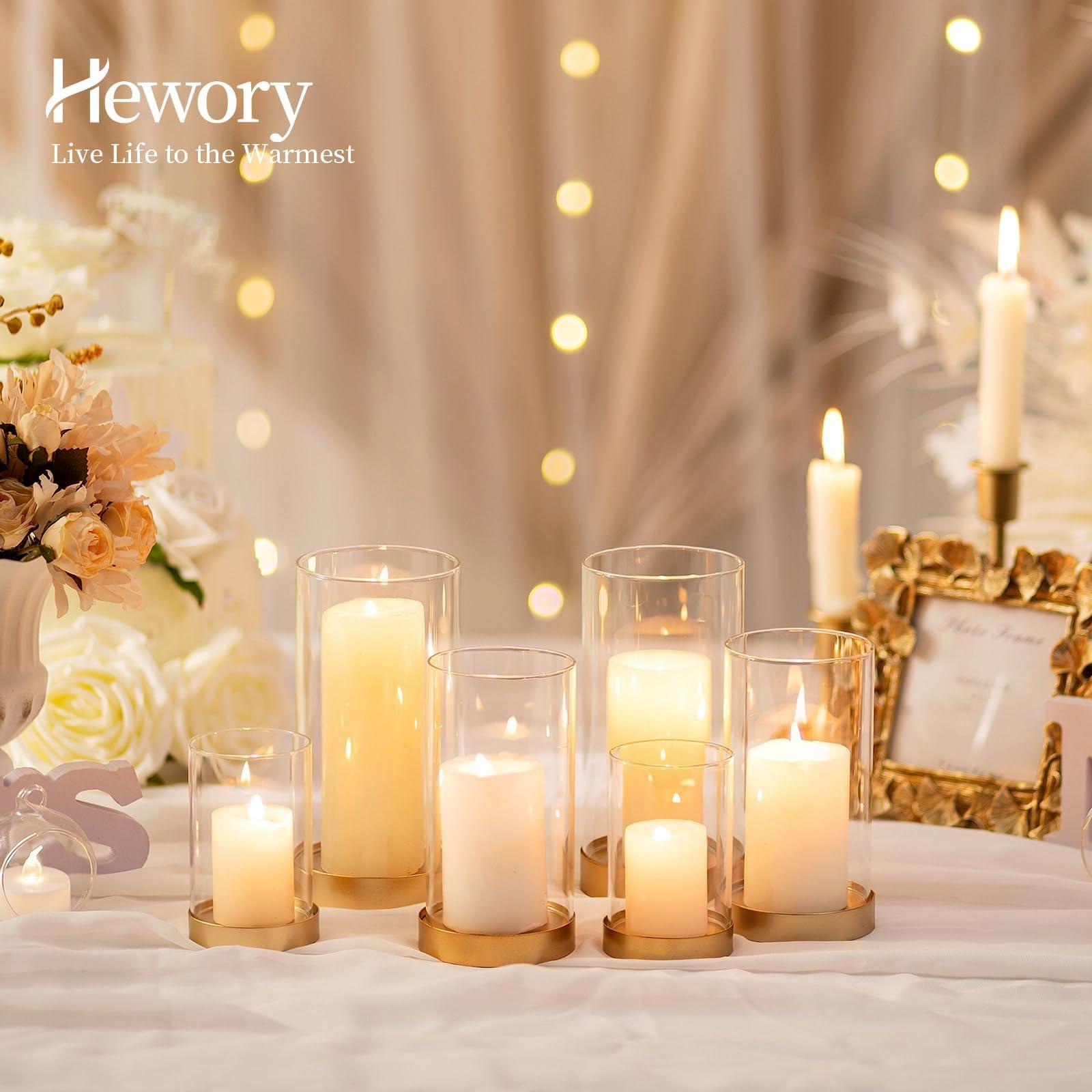 Hewory Hurricane Candle Holder for Pillar Candles: Gold Votive Candle Holders Set of 12, Glass Hurricane with Metal Candle Plate, Pillar Candle Holder for Table Centerpiece Wedding Holiday Home Decor - Image 2