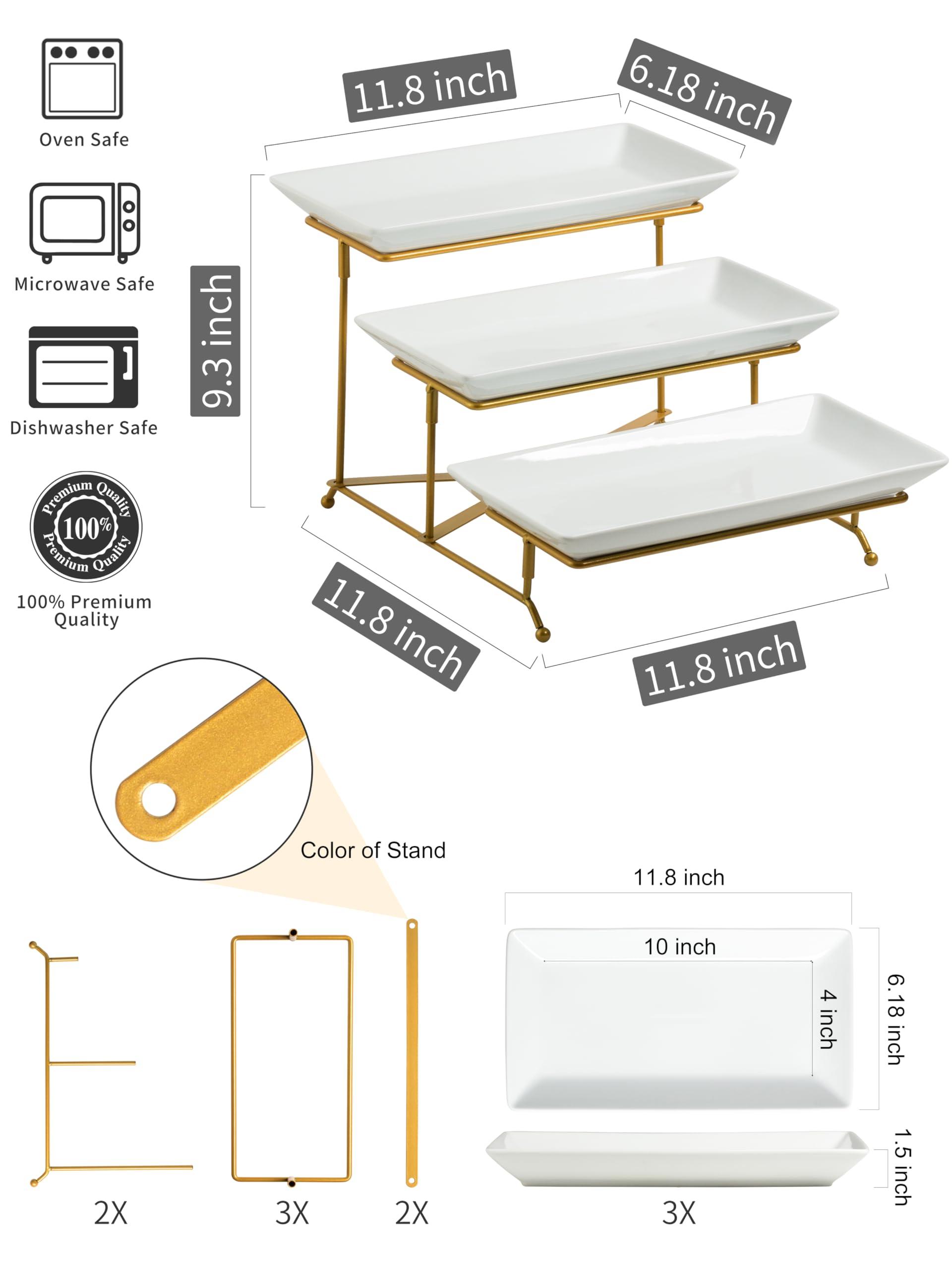 LAUCHUH 3 Tier Serving Stand Porcelain Serving Platter Tier Serving Trays with Collapsible Sturdier Rack, Serving Dishes and Platters for Valentine's Day, Christmas, Entertaining, Gold, 12 Inch - Image 3