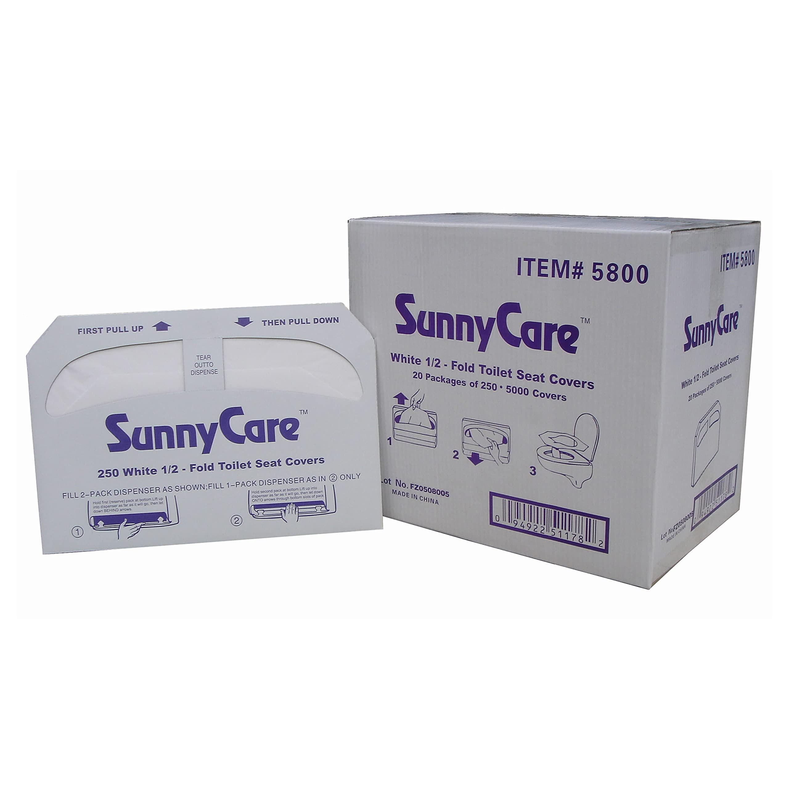 SunnyCare #5800 Half-Fold Paper Toilet Seat Covers, 250 Covers/Box, 20 Boxes/Carton