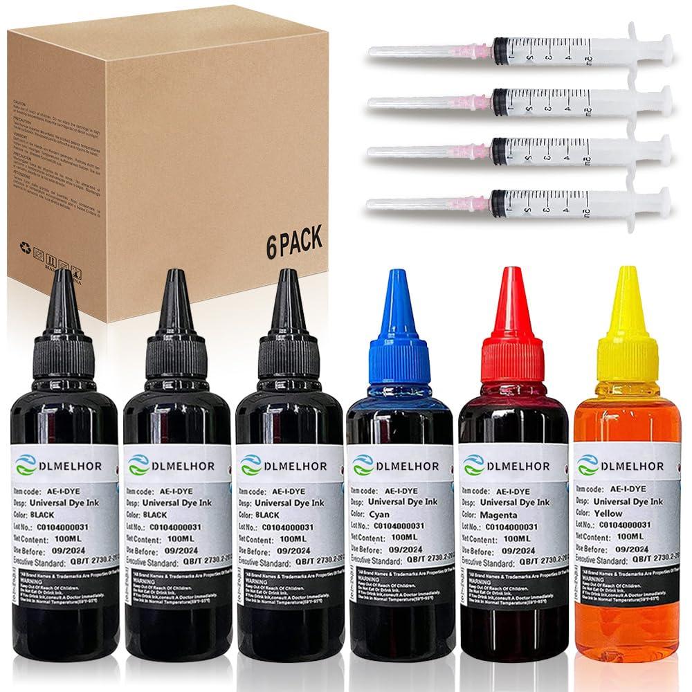 Universal Dye Ink Refill Kit for HP Epsn Canon Brother Lexmark Samsung Dell Kodak Inkjet Printers 6 Color Set Compatible Cartridges Refillable Cartridge CISS CIS System with 4 Syringes,600ml