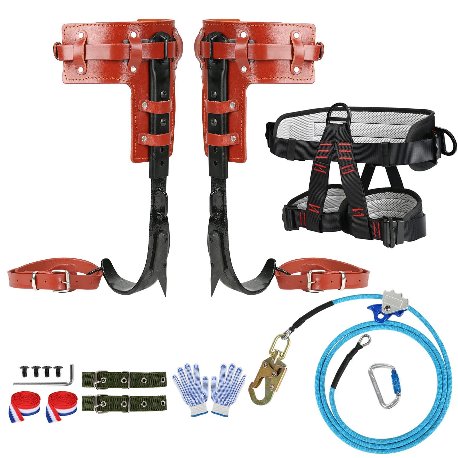 Fepinc Tree Climbing Spike Set, Climbing Step Gear with Wire-Core Flip Line Kit and Climbing Seat Belt, Adjustable Tree Spikes Arborist Climbing Equipment