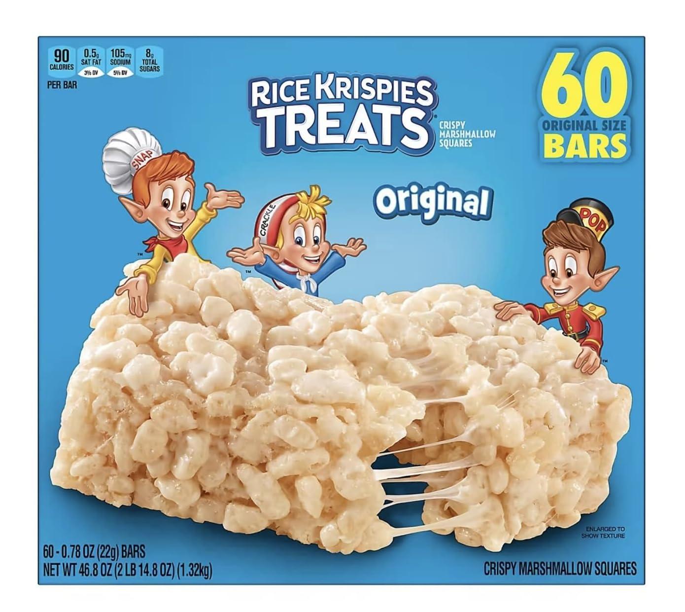 Kellog sRice Krispiexs Treats, Crispy Marhsmallow Cereal Bars| Individually Wrapped Lunchs Snacks Grab N Go Kid Snacks | 60 Bars