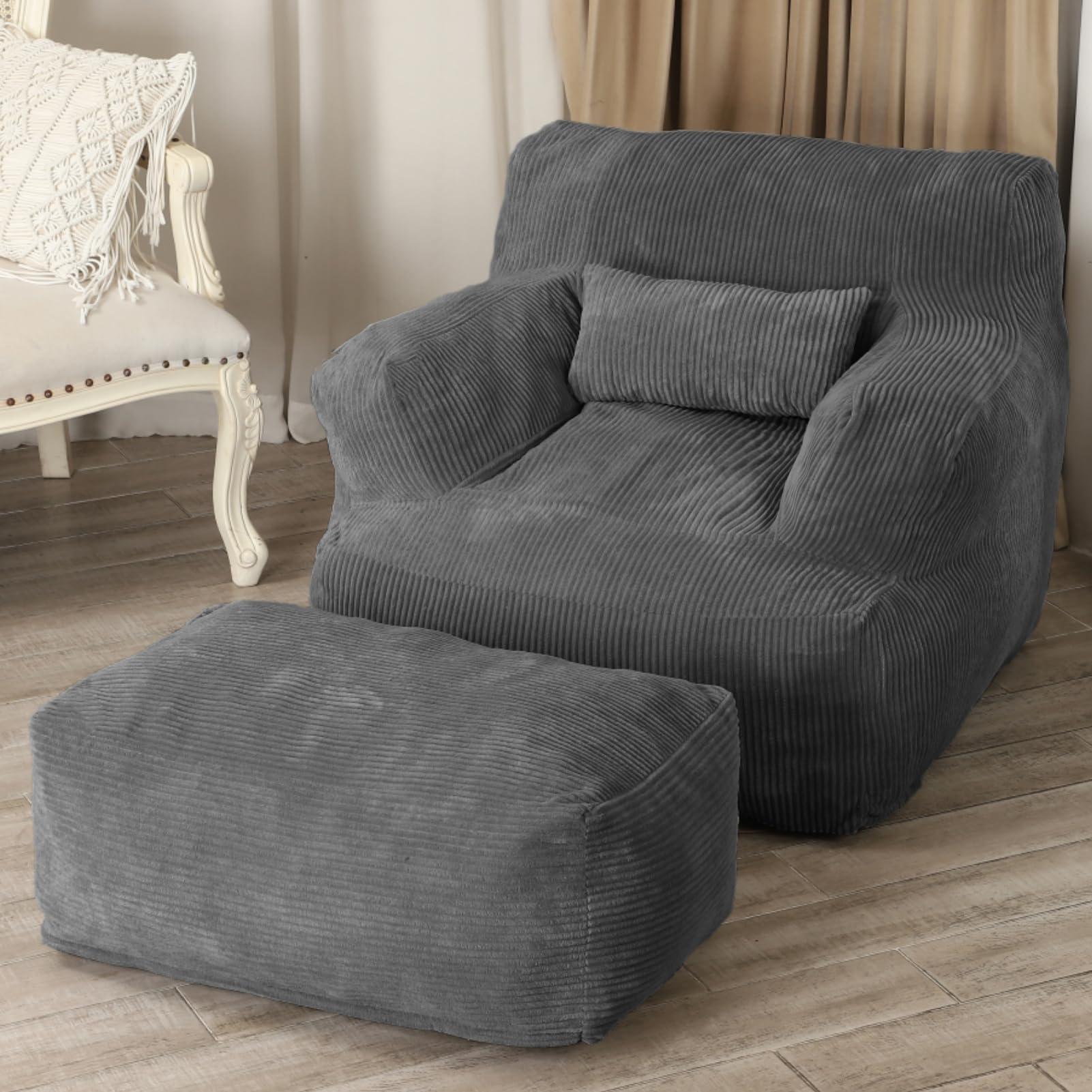 Giant Bean Bag Chair for Adults, Bean Bag Sofa Chair with Ottoman, Comfy Reading Chair for Dorm Room, Dark Grey