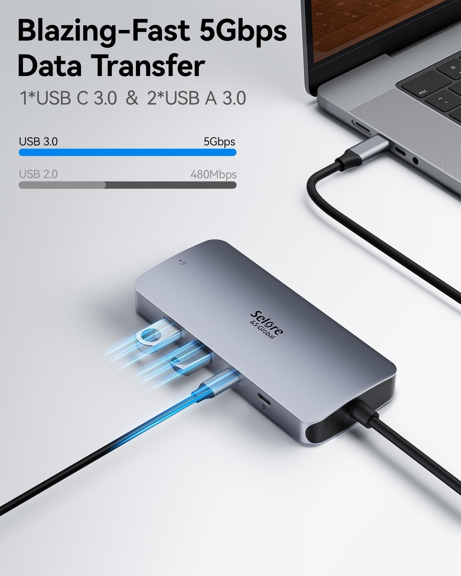 USB C Docking Station Dual Monitor, Selore Docking Station 3 Monitors Triple 4K Display with 2 HDMI, DisplayPort, 1 Gbps Ethernet, 100W PD Charging, USB 3.0 Ports Adapter for Dell, HP, Lenovo,etc - Image 7
