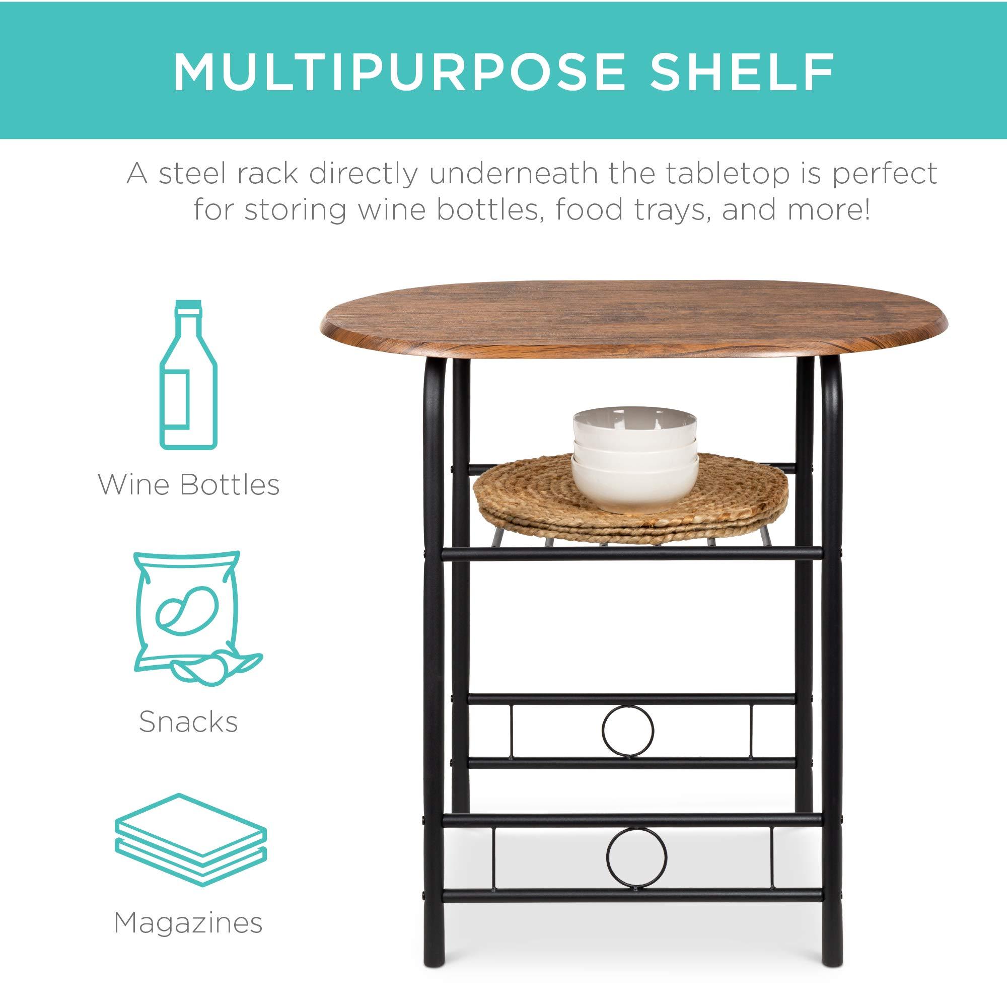 Best Choice Products 3-Piece Wooden Round Table & Chair Set for Kitchen, Dining Room, Compact Space w/Steel Frame, Built-in Wine Rack - Black/Brown - Image 4