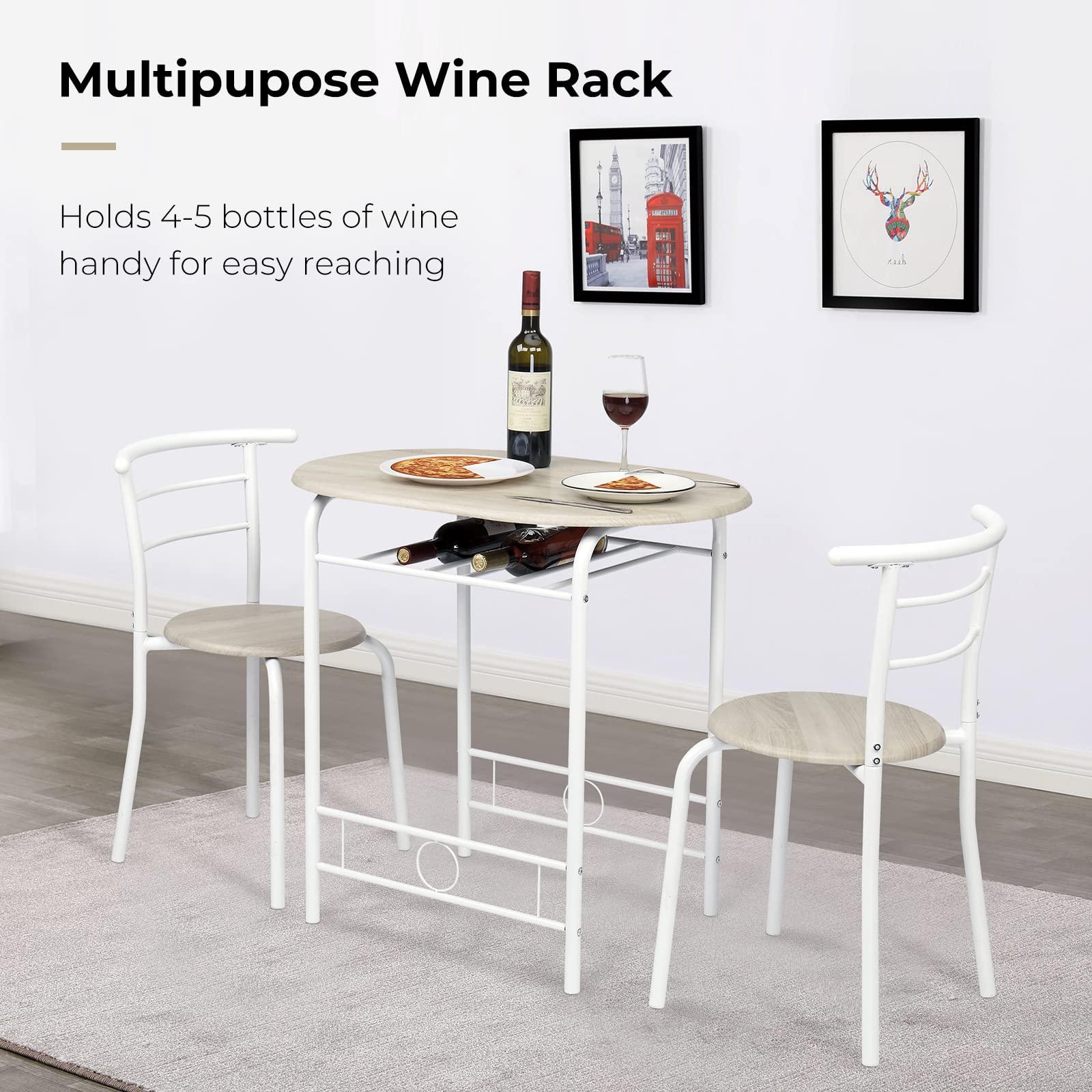 VINGLI 3 Piece Dining Set,Small Kitchen Table Set for 2,Breakfast Table Set,Kitchen Wooden Table and 2 Chairs for Small Space/Dining Room/Apartment,Metal Frame,Wine Rack,White&Light Oak - Image 5