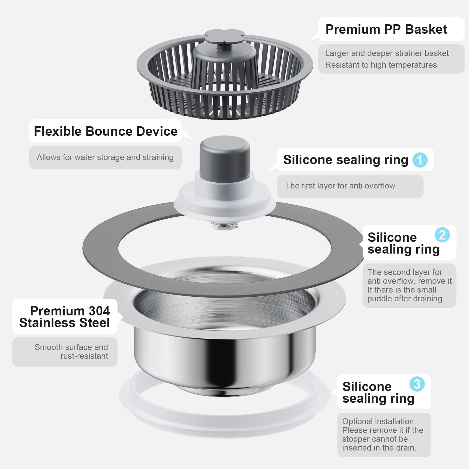 XLMSPORTS 3 in 1 Kitchen Sink Drain Strainer and Stopper, 304 Stainless Steel Pop-up Anti-Clogging Basket Strainer, Fast Drainage Kitchen Sink Plug for Standard 3-1/2" Drain Hole - Image 7