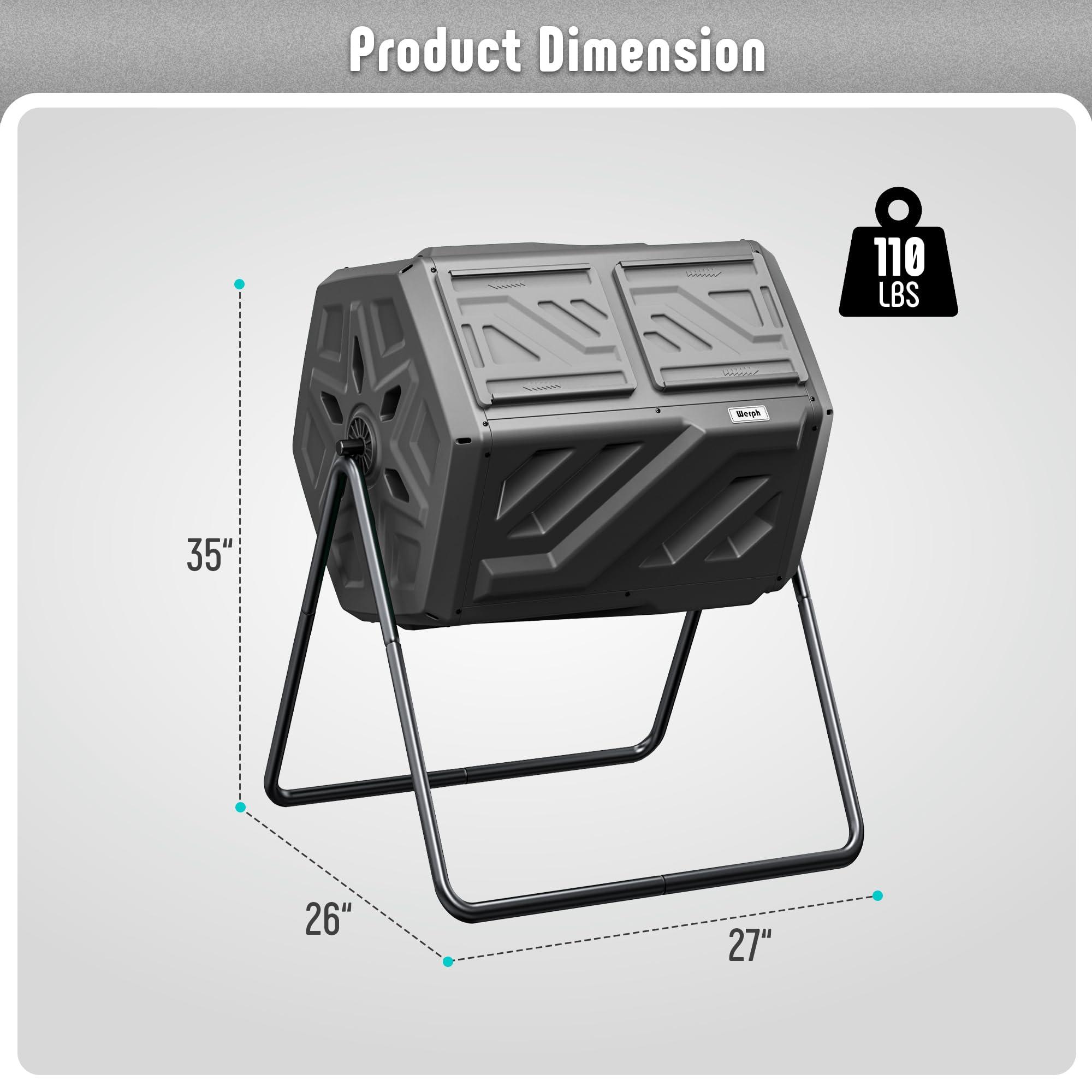 Werph Compost Bin, Outdoor Composter, Fast Assembly 43 Gallon Dual Chamber Outdoor Compost Tumbler, Heavy Duty Tumbling Rotating Composter for Patio, Garden,Yard, Black, Easy Setup, Gloves Included - Image 2
