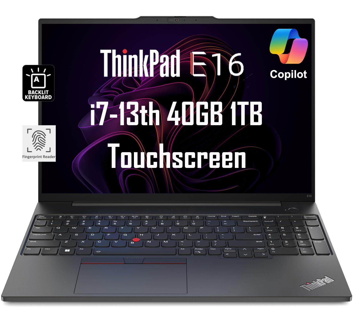 Lenovo ThinkPad E16 Business Laptop (16" FHD+ Touchscreen, Intel 13th Gen 10-Core i7-1355U, 40GB RAM, 1TB SSD) Backlit, Fingerprint, FHD Webcam, Ethernet, Thunderbolt 4, Win 11 Pro w/ AI Copilot