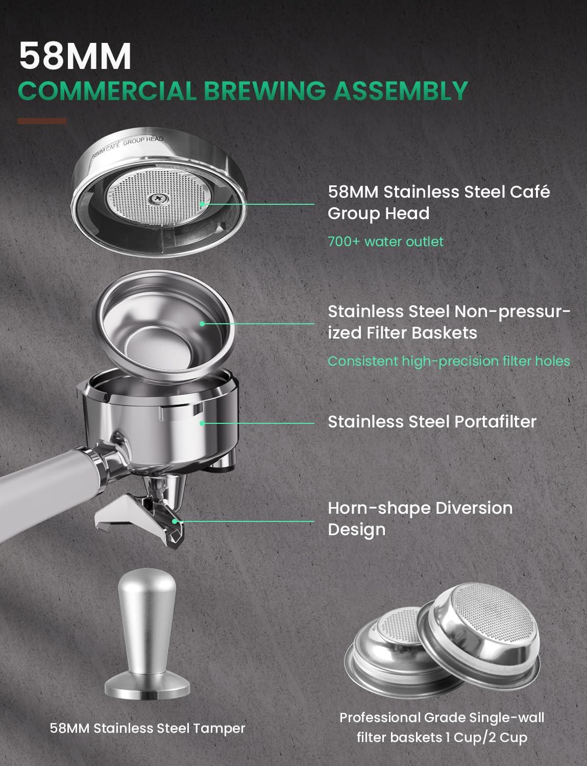 COUPLUX Espresso Machine with Grinder, Dual-Boiler&Temperature Adjustable Espresso Coffee Machine 58MM Cafe Espresso Maker with Powerful Steam Wand Beginner Friendly Latte Cappuccino Machines for Home - Image 4