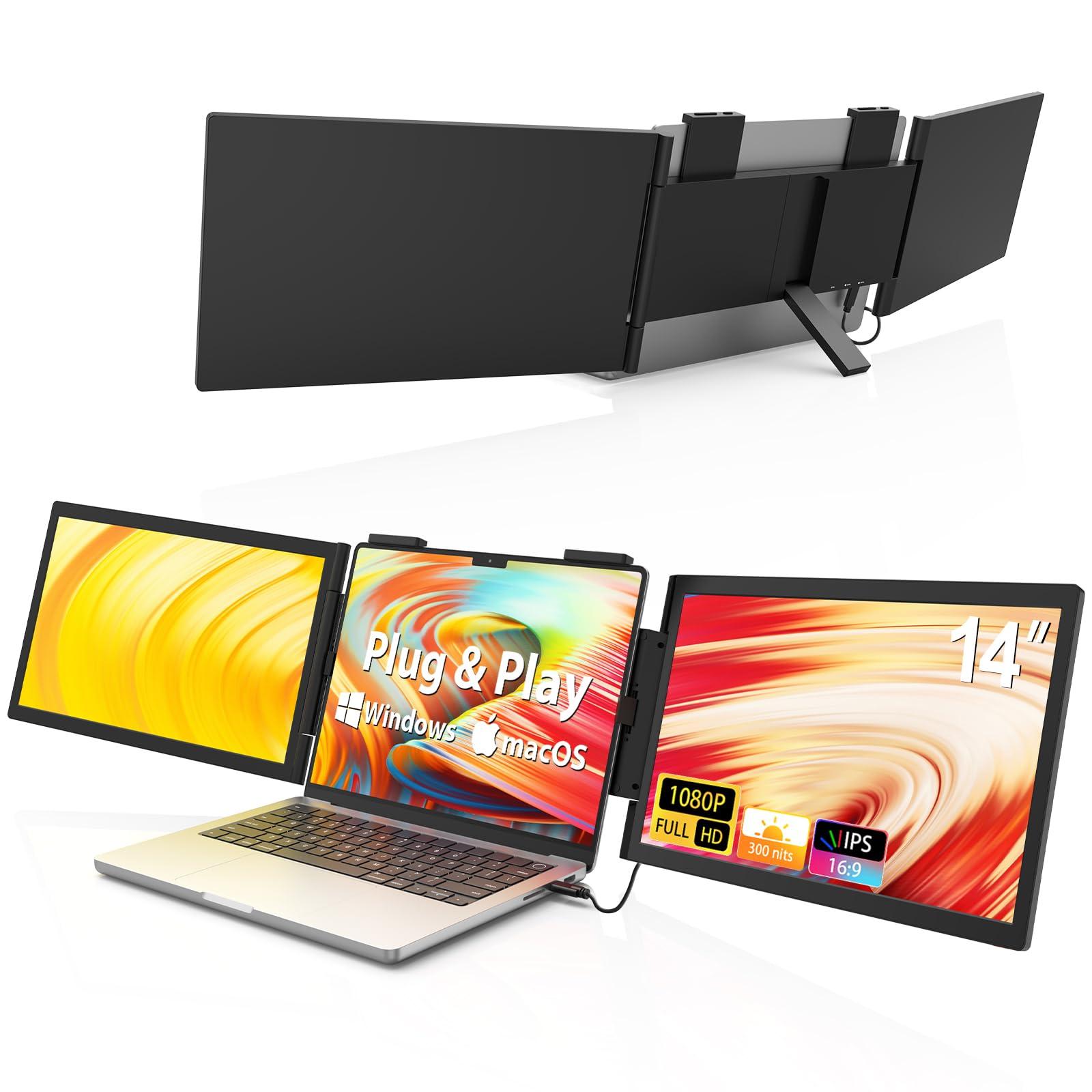 HotYeah Triple Laptop Screen Extender, 14'' Dual Portable Extended Monitor (Windows & MacBook), Plug & Play, 1080P USB-C Travel Display w/Kickstand, Tri Screen Monitor for 14-16'' Laptop