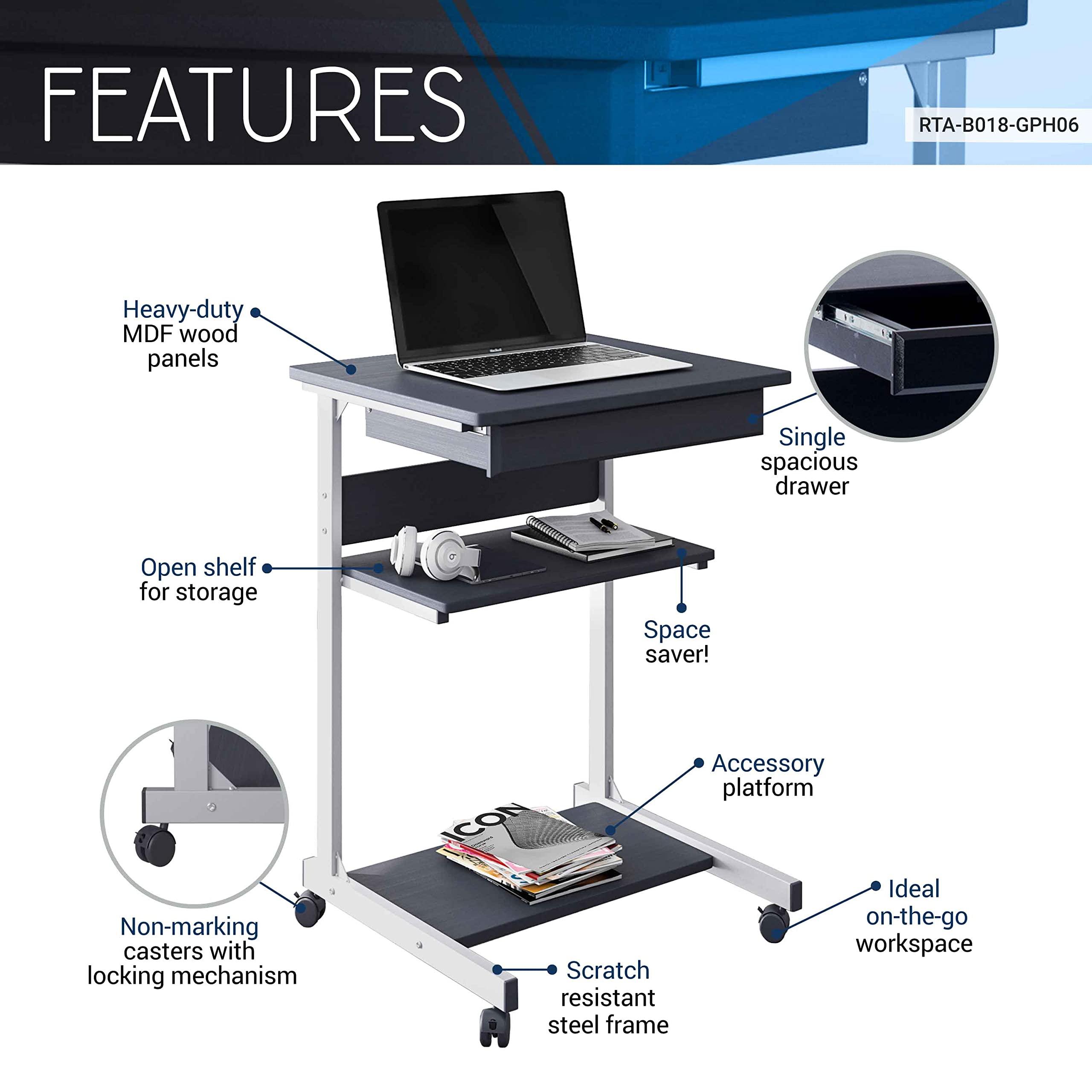 Techni Mobili, Portable Computer Desk, Workstation, Stand with Printer Shelf, Rolling Laptop Cart with Storage, Black Graphite - Image 4