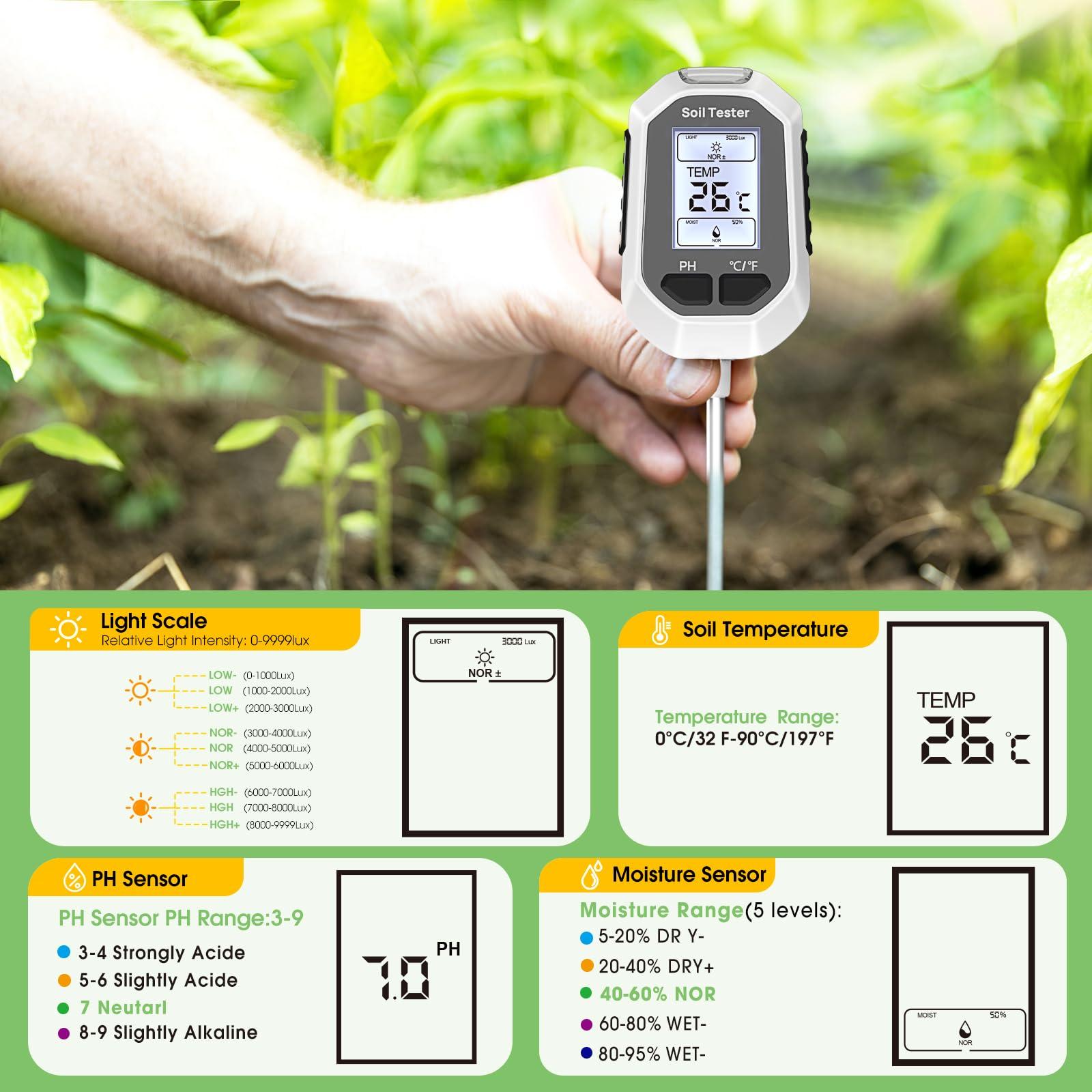 YAMRON 4-in-1 Soil Moisture Meter Digital Plant Temperature/Soil Moisture/PH Meter/Sunlight Intensity Backlight LCD Display Soil Test Meter for Gardening, Farming and Outdoor Plants - Image 3