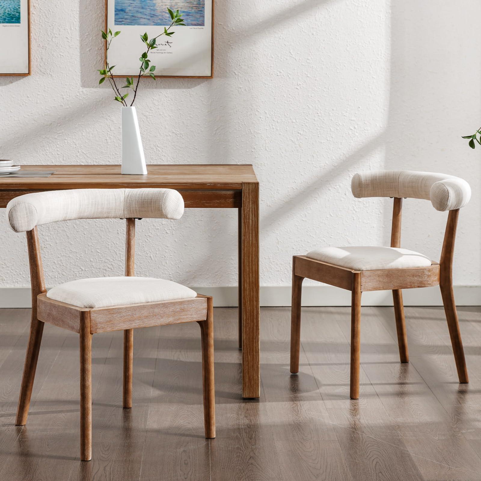 Kmax Dining Chairs Set of 4, Mid-Century Modern Fabric Kitchen Chairs with Natural Walnut Finished Frame & Linen Curved Back, Line Beige - Image 6
