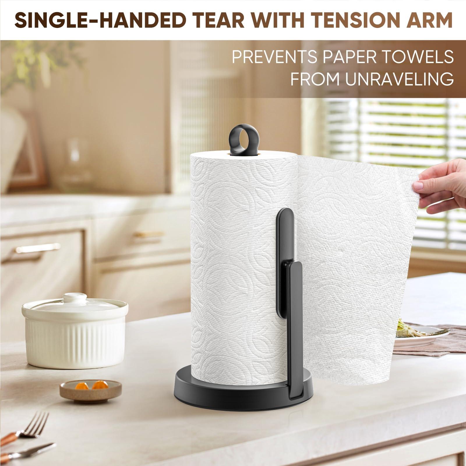 theaoo Heavy-Duty Stainless Steel Paper Towel Holder with Tension Arm – Easy One-Handed Tear, Modern Standing Countertop Dispenser for Kitchen, Holds All Paper Towel Rolls (1, Black) - Image 7