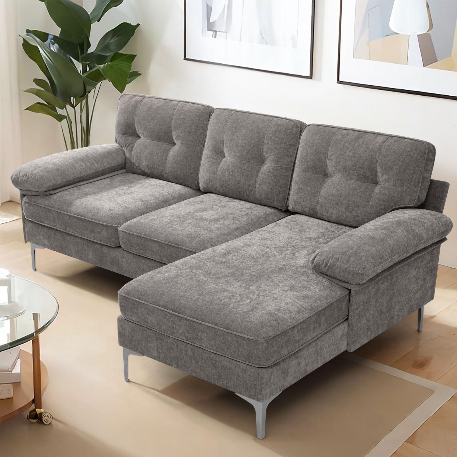 COHOME 83in L-Shaped Couch, Chenille Upholsted Sofa with Reversible Chaise,3-Seat Couch for Living Room, Convertible Sectional with Removable Covers,Grey