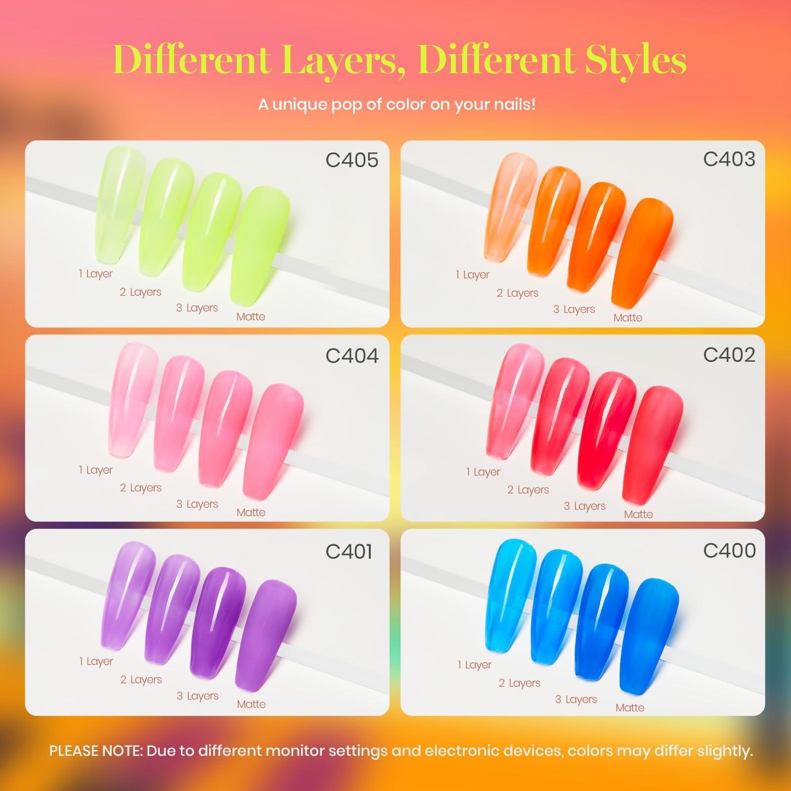 Beetles Jelly Gel Nail Polish Set - 6 Colors Summer Neon Gel Polish Kit Sheer Hot Pink Red Orange Purple Blue Yellow Translucent Effect Soak Off UV French Nail Art Manicure Gift for Women - Image 2
