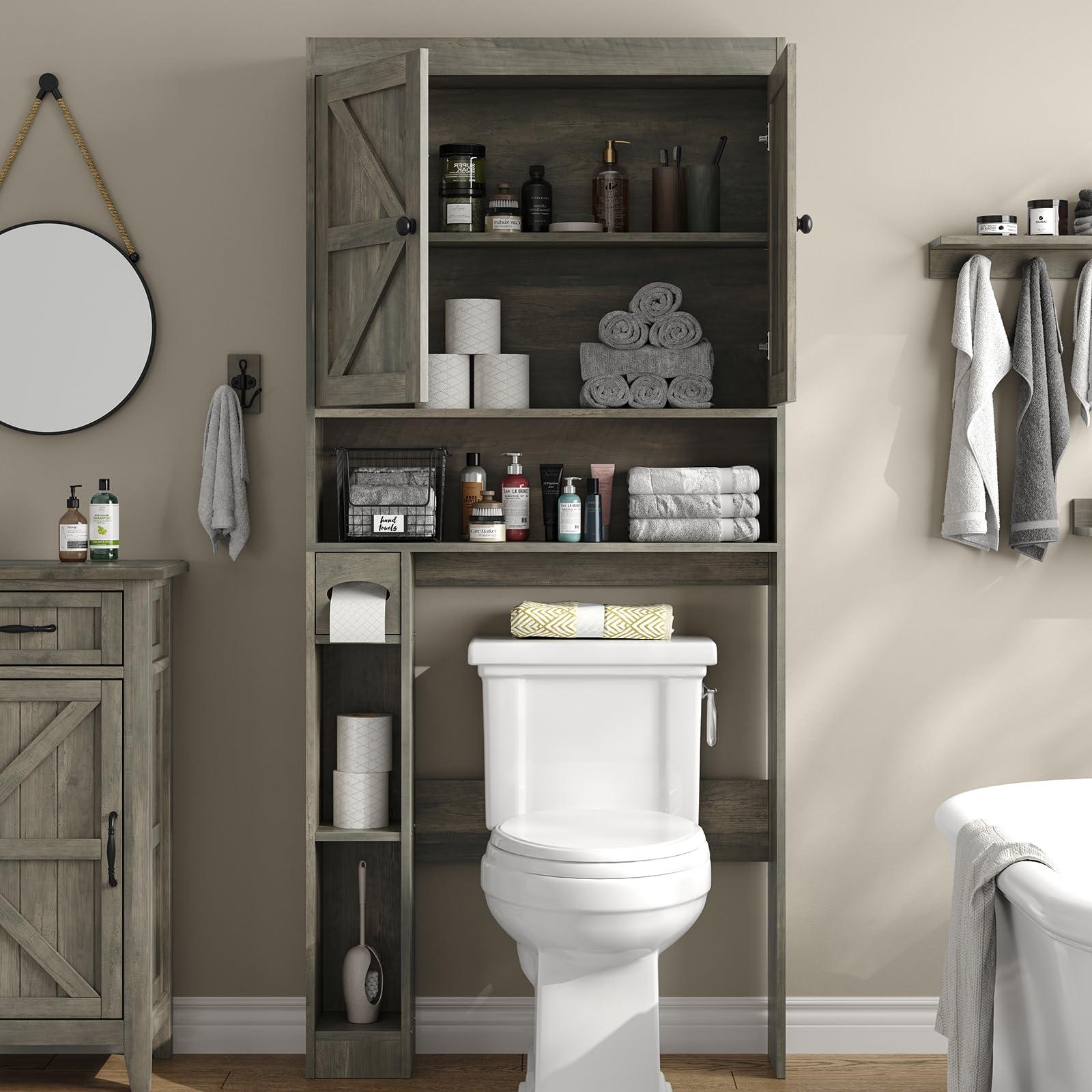 Furnideco 32.3''W Over The Toilet Storage Cabinet with Barn Doors, Over Toilet Shelf Farmhouse Storage Cabinet Space Saver with Toilet Paper Holder & Adjustable Bottom Bar, Gray - Image 3