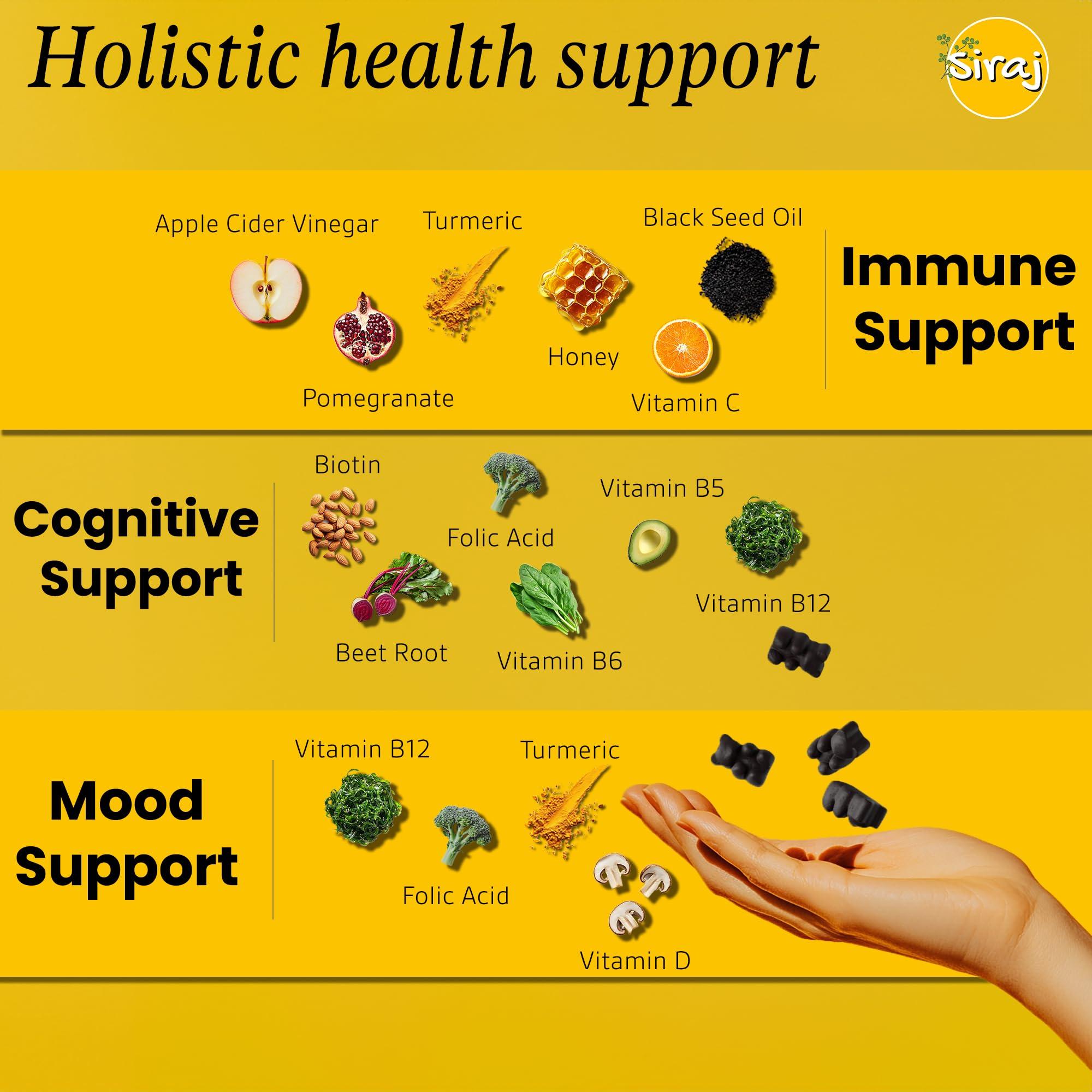 Siraj Organic Black Seed Oil Gummies w/Honey &15% Thymoquinone | Multivitamin for Immune Support, Stress Relief Gummy Vitamins | Turmeric, Apple Cider Vinegar, Multivitamin Gummies - Image 2