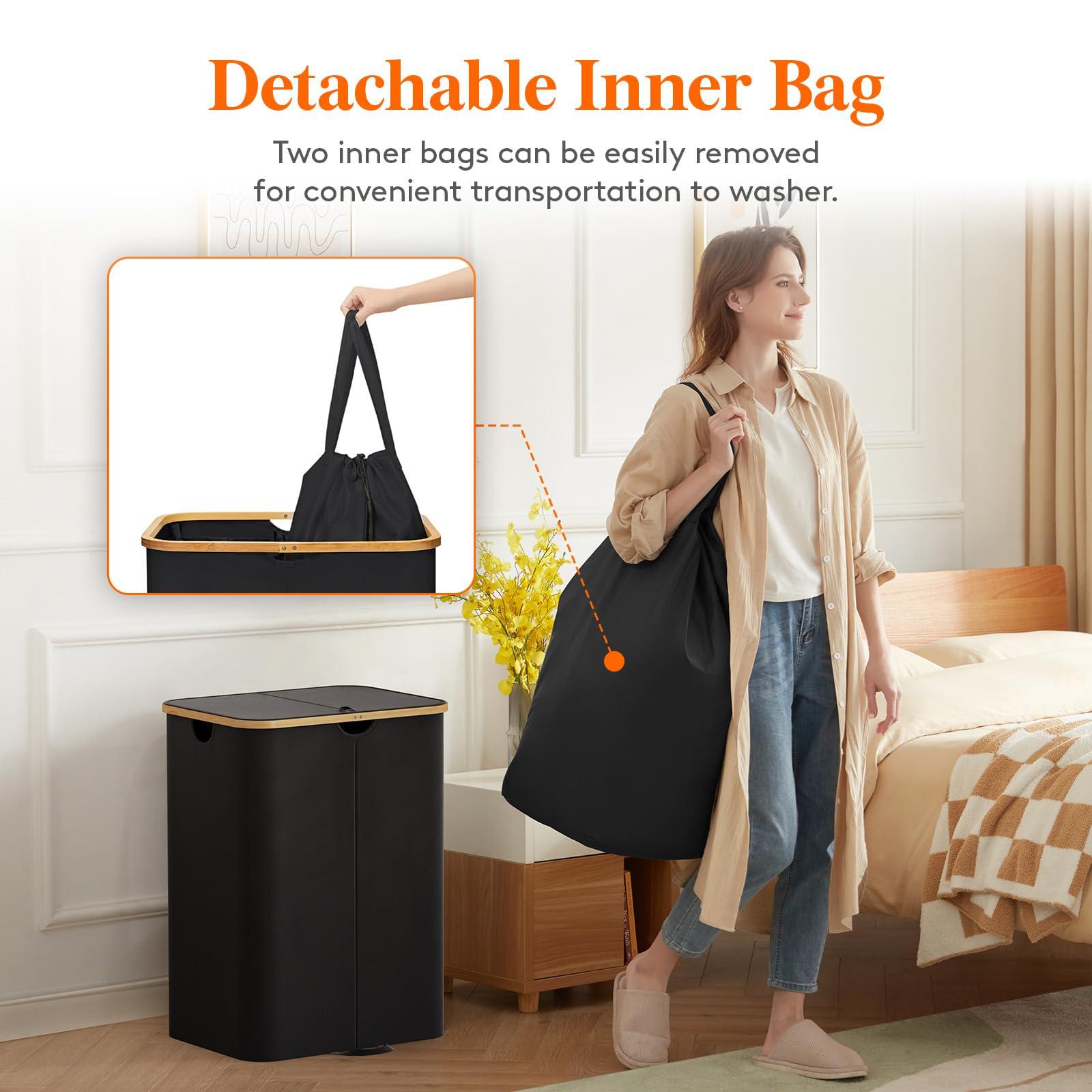 Lifewit 150L Double Laundry Hamper with Lid, Large Laundry Basket with Bamboo Handles and Removable Laundry Bags, Foldable Clothes Hampers for Laundry for Bedroom, Bathroom, Dorm, Laundry Room, Black - Image 5
