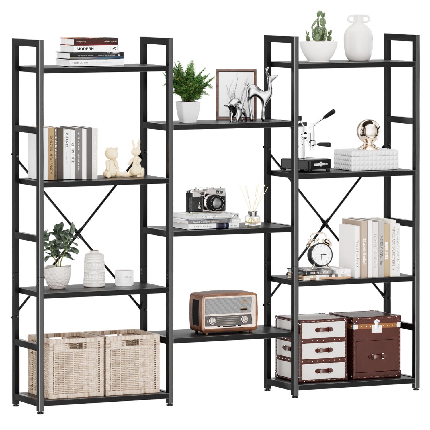 NUMENN Triple Wide 4 Tier Bookshelf, Adjustable Rustic Industrial Style Bookcases with 11 Open Display Shelves, Modern Tall Bookcase Furniture for Bedroom, Living Room and Home Office, Black