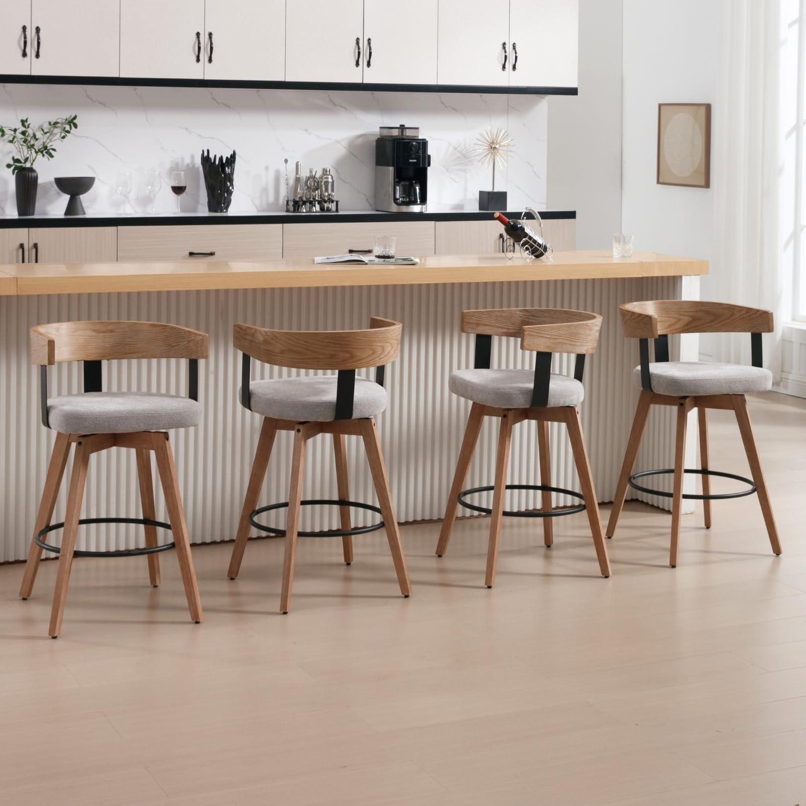 DUOMAY Modern Grey Linen Upholstered 360-Degree Swivel Bar Stool Set of 3 - 26" Counter Height with Footrest & Backrest - Ideal for Kitchen Island & Home Bar - Image 3