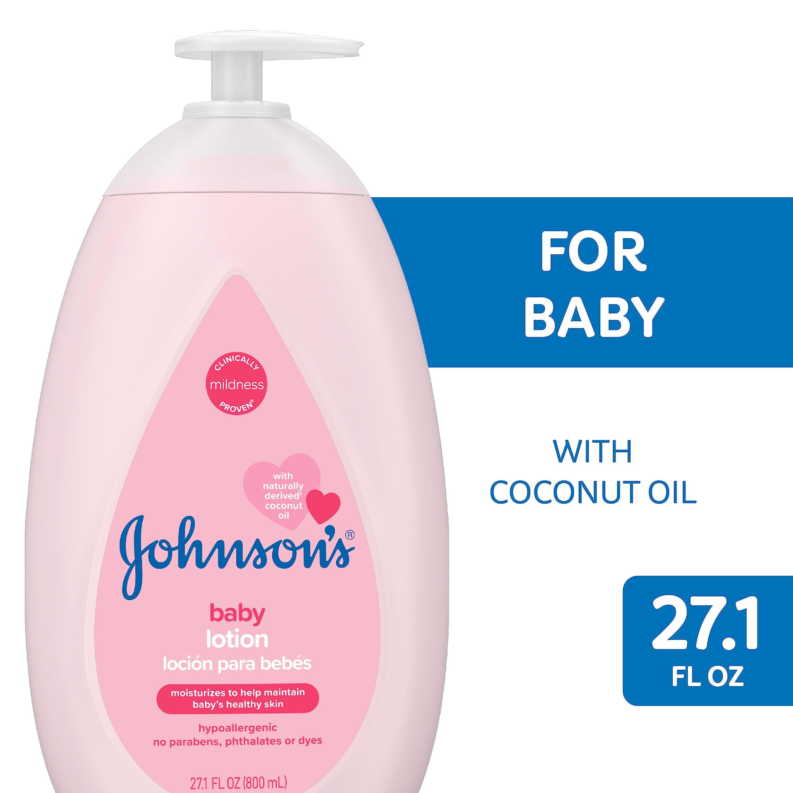Johnson's Moisturizing Mild Pink Baby Lotion with Coconut Oil for Delicate Baby Skin, Paraben-, Phthalate- & Dye-Free, Hypoallergenic & Dermatologist-Tested, Baby Skin Care, 27.1 Fl. Oz - Image 2