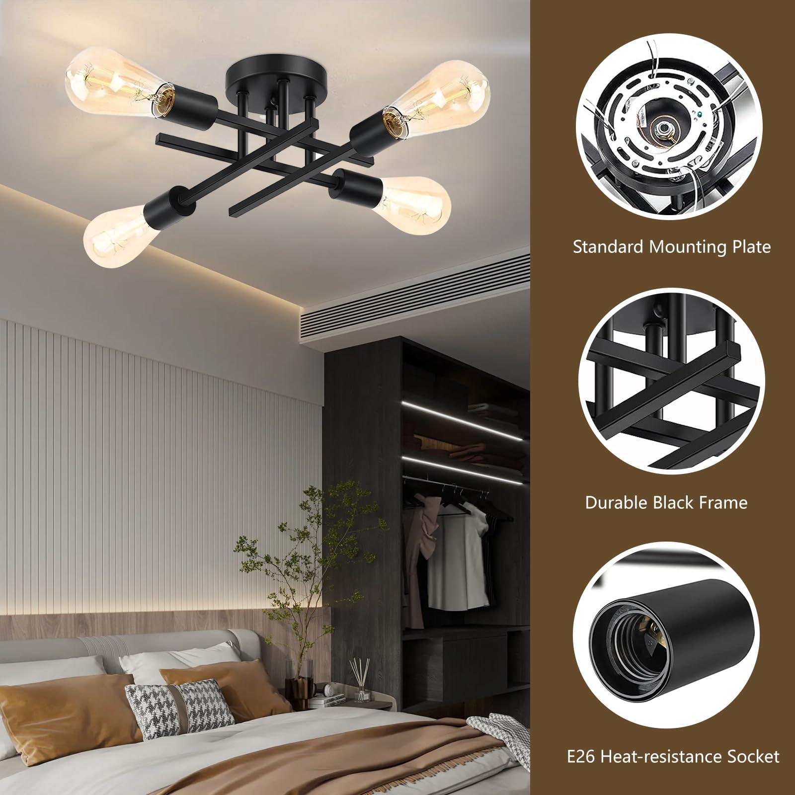 Ceiling Light, Dining Room Light Fixture with E26 Base, Semi Flush Mount Ceiling Light Fixture, Kitchen Lighting Fixtures Ceiling, 4-Light Matte Black Chandelier for Bedroom - Image 4