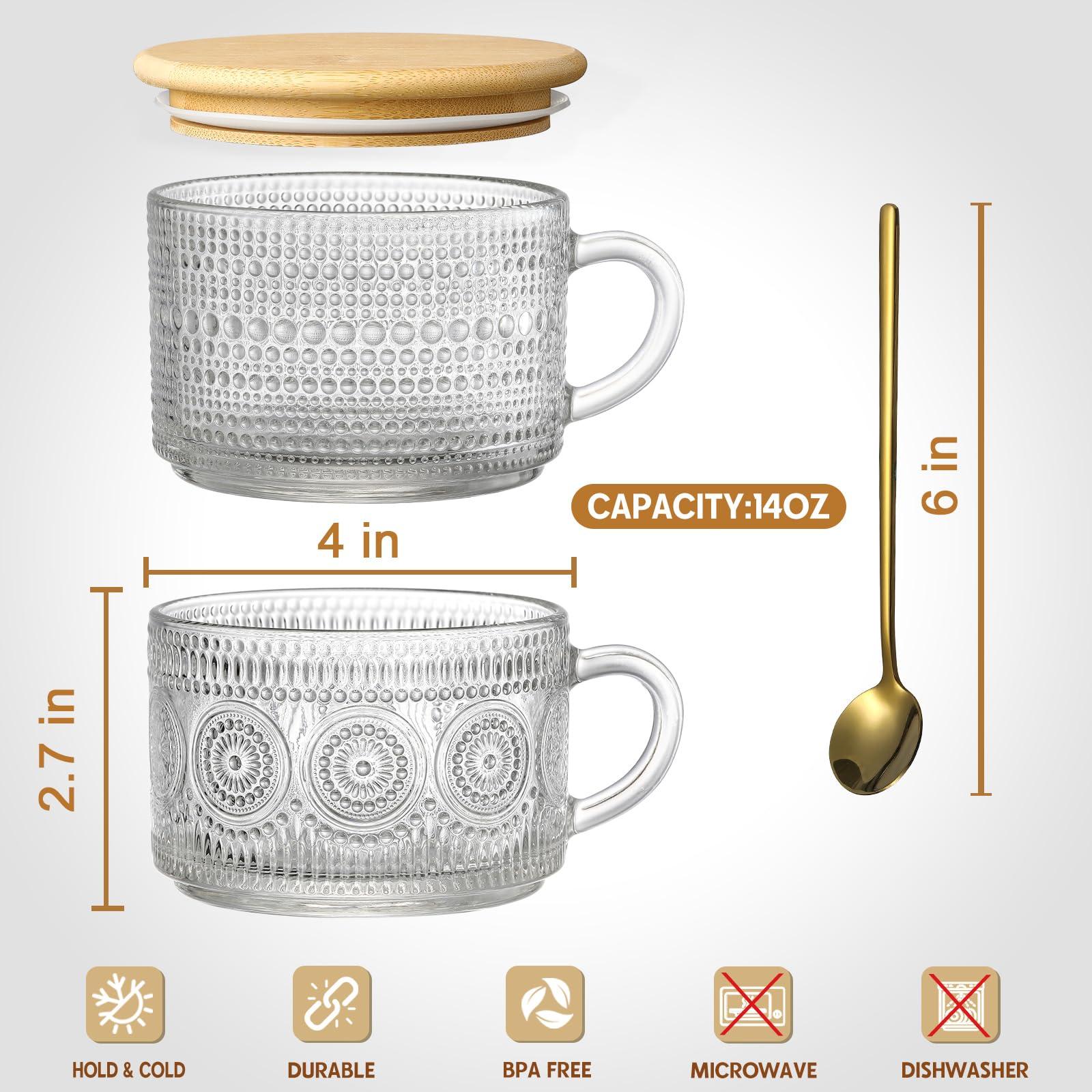LANDNEOO 4pcs Set Vintage Coffee Mugs gifts for women, Overnight Oats Containers with Bamboo Lids and Spoons - 14oz Clear Embossed Glass Cups, Cute Coffee Bar Accessories, Iced Coffee Glasses - Image 3