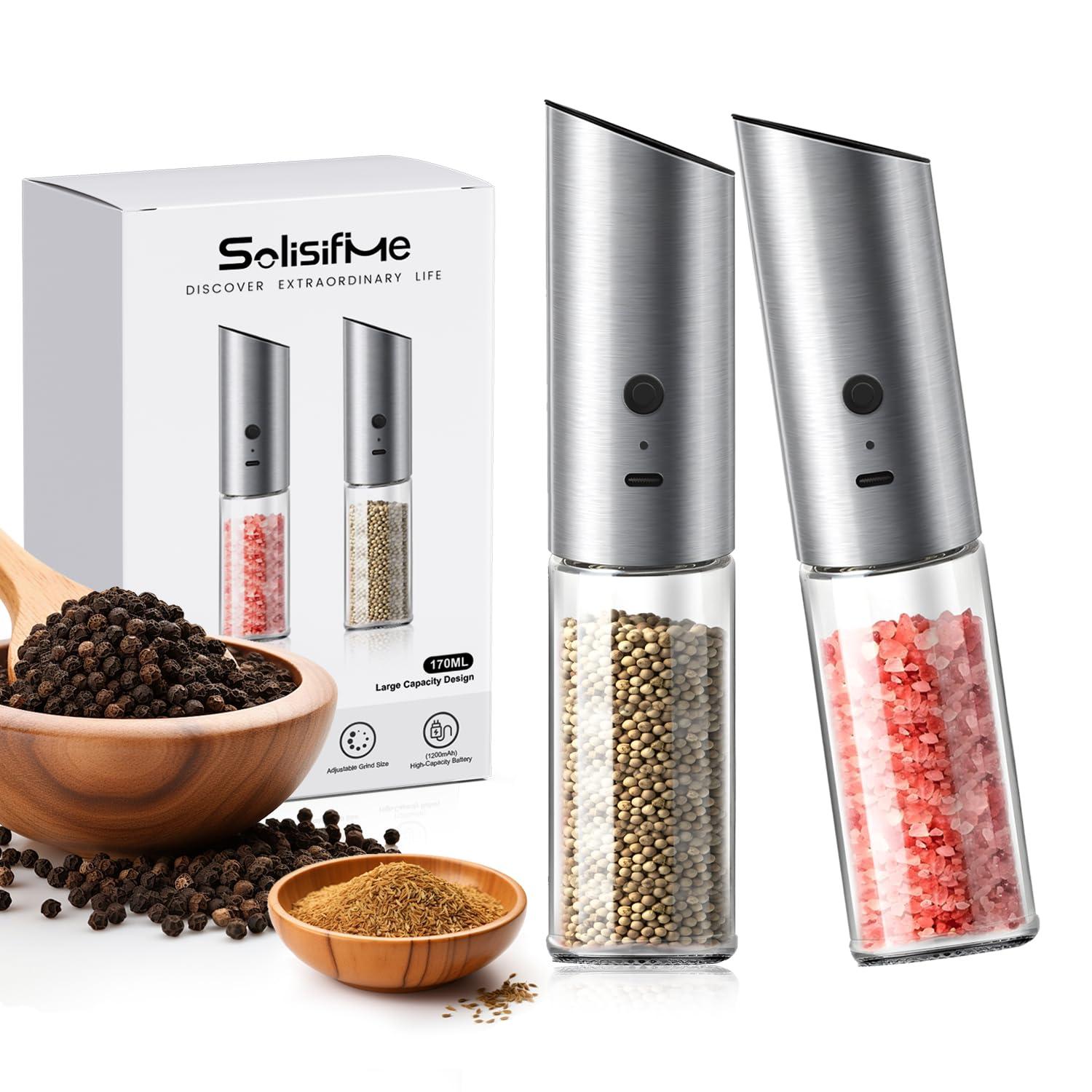 Solisifime Gravity Electric Salt and Pepper Grinder Set, USB Rechargeable Stainless Steel Mills with Large Capacity Tall Glass, LED Light, Adjustable Coarseness, Ideal for Kitchen and Dining(2PCS)