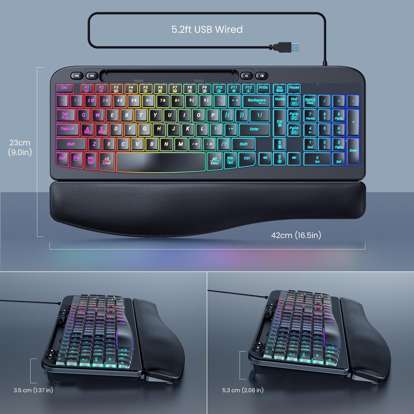 VEILZOR Ergonomic Backlit Keyboard with Wrist Rest, 7 Colors USB Wired Computer Keyboard, Wave Keys, with Phone/Tablet Holder, Comfortable Lighted Keyboard for PC, Windows and Mac - Image 8