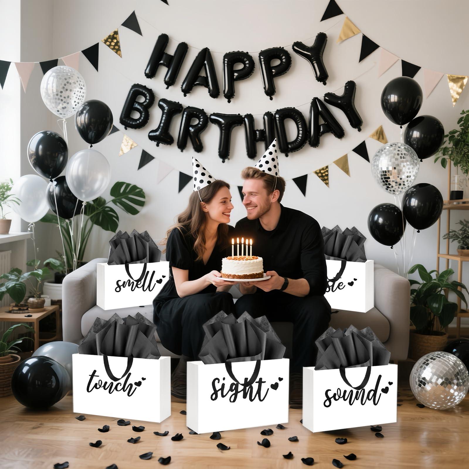 YIXAXKAO 5 Senses Gift Bags Five Senses Birthday Party Decorations with Tissue Paper, Rose Petals and Happy Birthday Banner Balloons Five Senses Gift for Him Husband Boyfriend (Black white) - Image 6