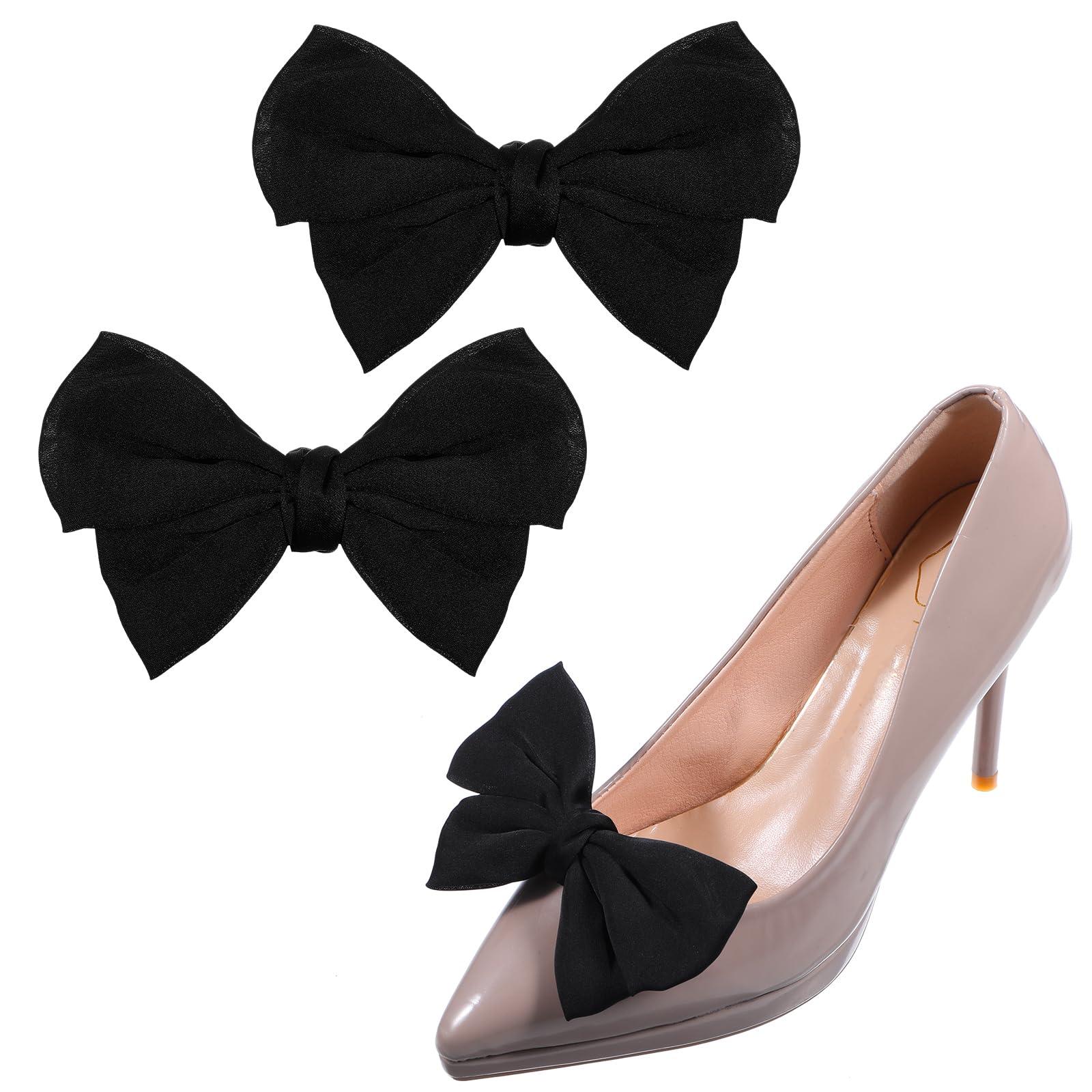 2 Pcs Bow Shoe Clips, Detachable Black Shoe Clips for Women Elegant Satin Bow Shoe Buckles Decorative Shoe Accessories for Wedding Party Bags Clothing Hair Charms Heels