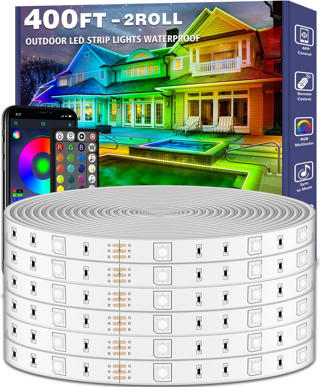 talkhigh 400ft Outdoor LED Strip Lights Waterproof,IP68 Outside Led Light Strips Waterproof with App and Remote,Music Sync RGB Exterior Led Rope Lights with Self Adhesive Back for Roof,Deck,Balcony