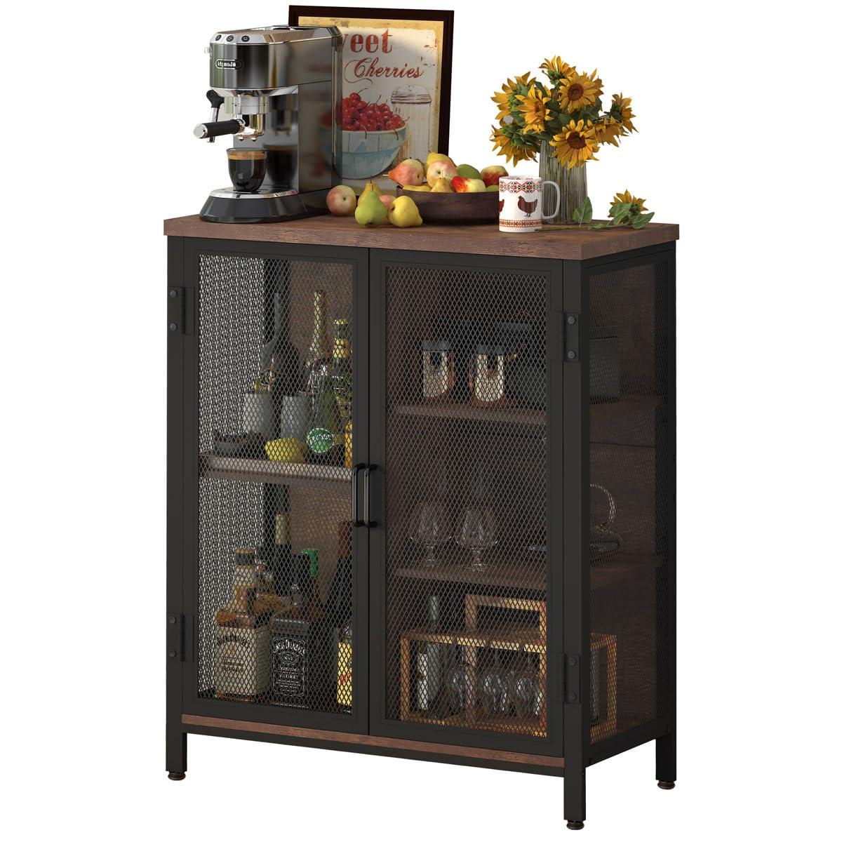 BON AUGURE Coffee Bar Cabinet for Liquor, Small Storage Cabinet for Home Kitchen, Farmhouse Buffet Sideboard Console Table, Industrial Alcohol Cabinets for Dining Entryway Living Room (Rustic Oak) - Image 9