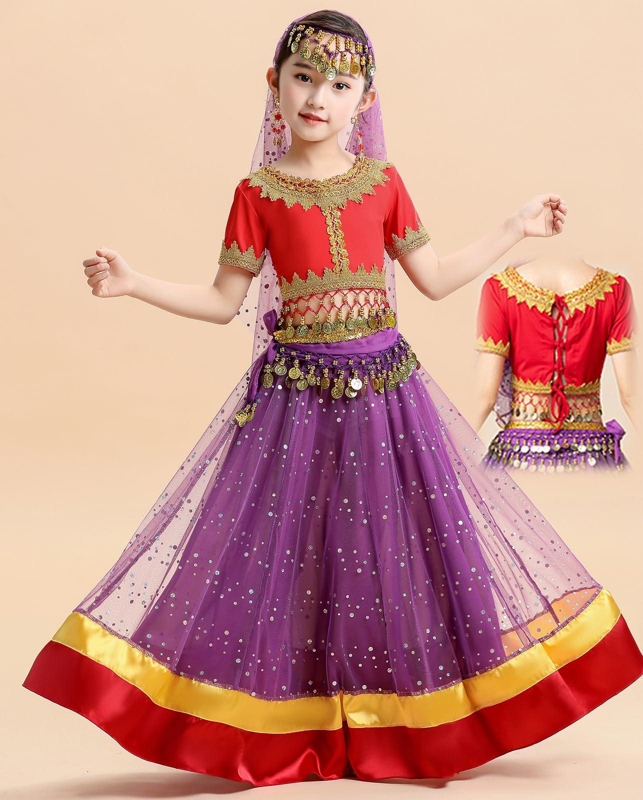 ORIDOOR Belly Dance Dress Girls Indian Bollywood Halloween Costume Chiffon Skirts Shiny Belly Dance Suits 4-Piece Outfit - Image 3